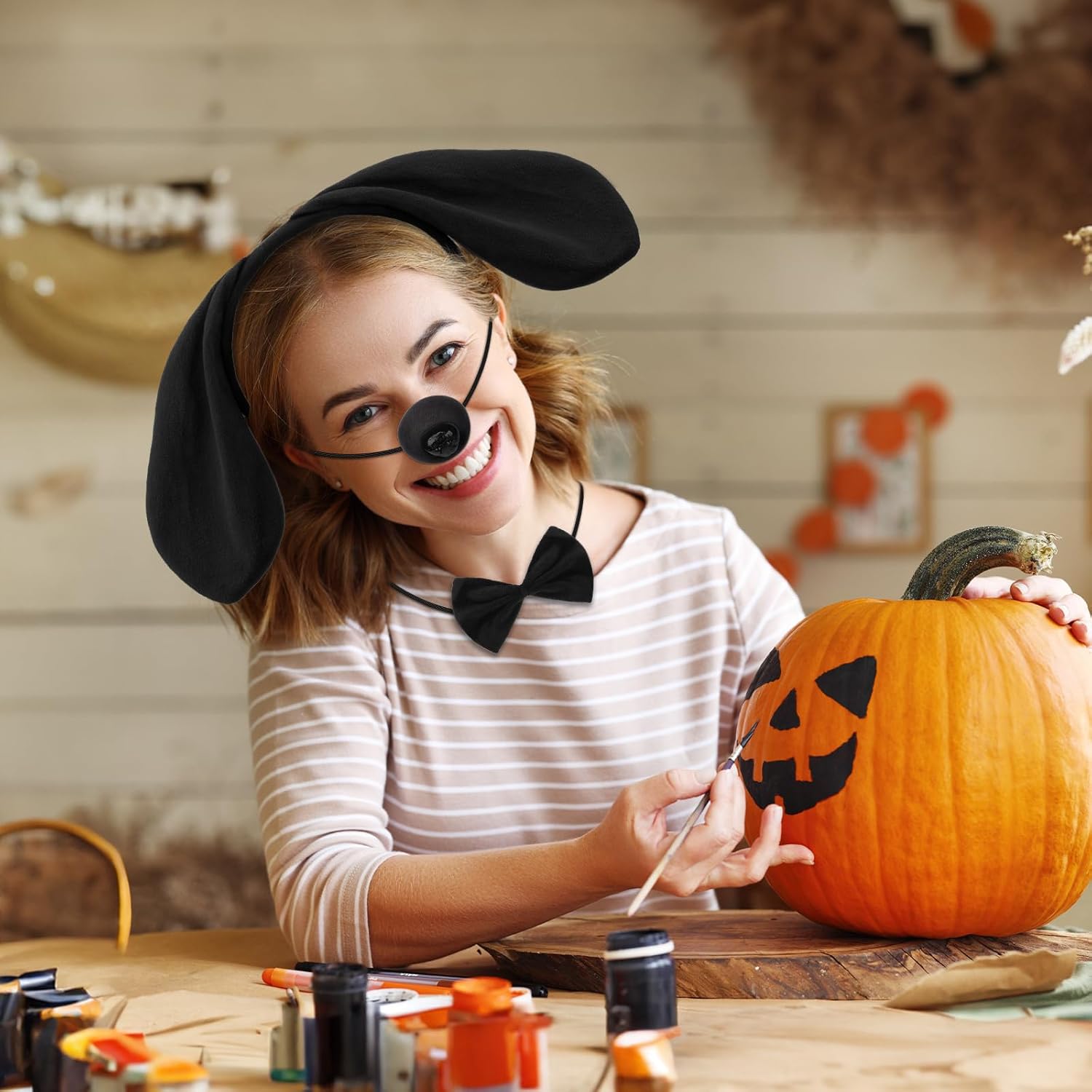 Mototo Dog Costume Set 4 PCS Puppy Animal Costume Black Dog Ears Headband and Tail Nose Bow Tie Accessories for Adult Halloween Christmas Theme Party Animal Cosplay (Black) - Image 7