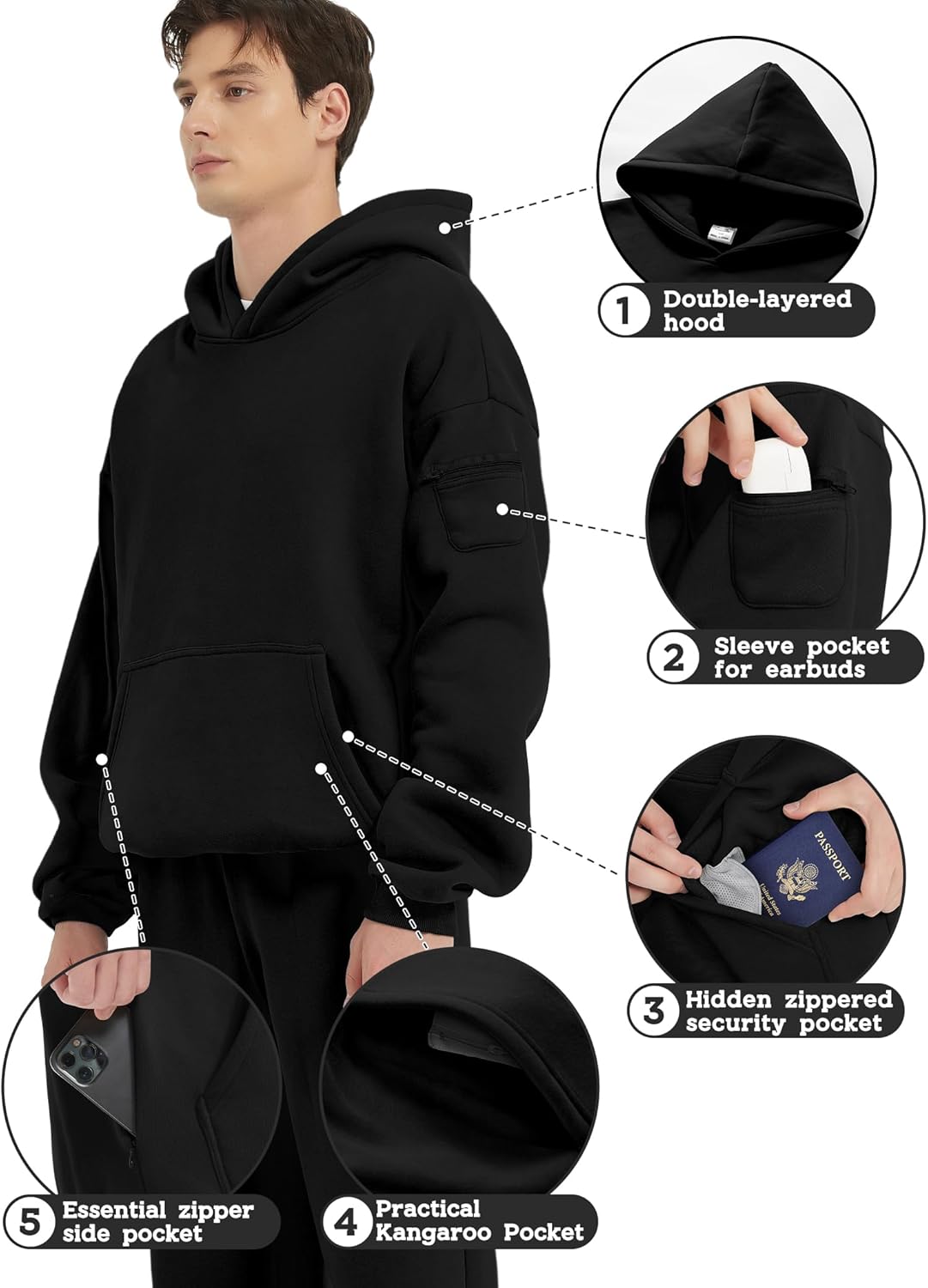 FAIABLE Men's Hoodies Pullover Oversized Soft Hooded Sweatshirts Heavyweight Fleece Athletic Travel Hoodie with Hidden Pocket - Image 3