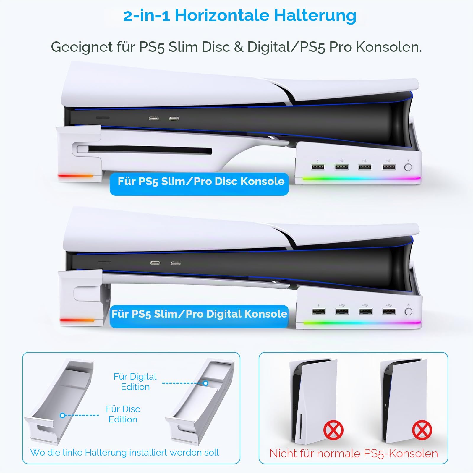 FYOUNG Horizontaler Standfuß für PS5 Pro/PS5 Slim Konsole, rutschfestes Basisständer Zubehör mit 4-Port USB zum Laden/Daten und 14 RGB Leuchten für PlayStation 5 Slim & für PlayStation 5 Pro