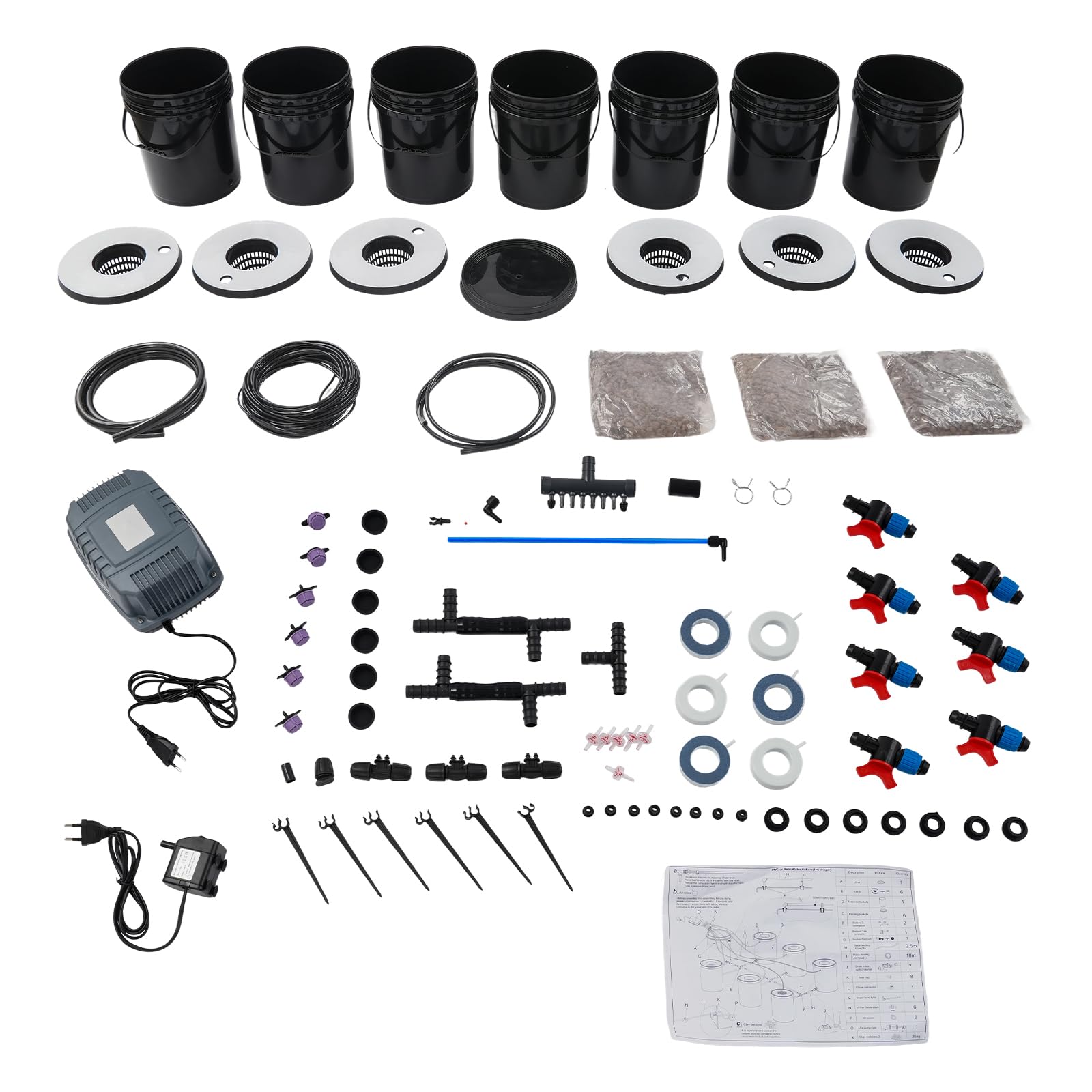Système hydroponique DWC, système hydroponique, système de jardin intérieur, kit de culture hydroponique, 7 seaux de 20 l, pompe à air 132 GPH, culture sans sol pour salade, tomate, fraise