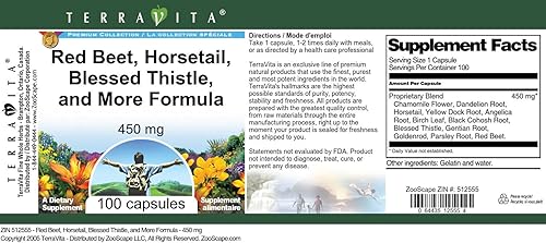 Miniatura 3 de TerraVita Fórmula limpiadora del hígado - Remolacha roja, cola de caballo, cardo bendito y más - 450 mg (100 cápsulas, ZIN 512555)