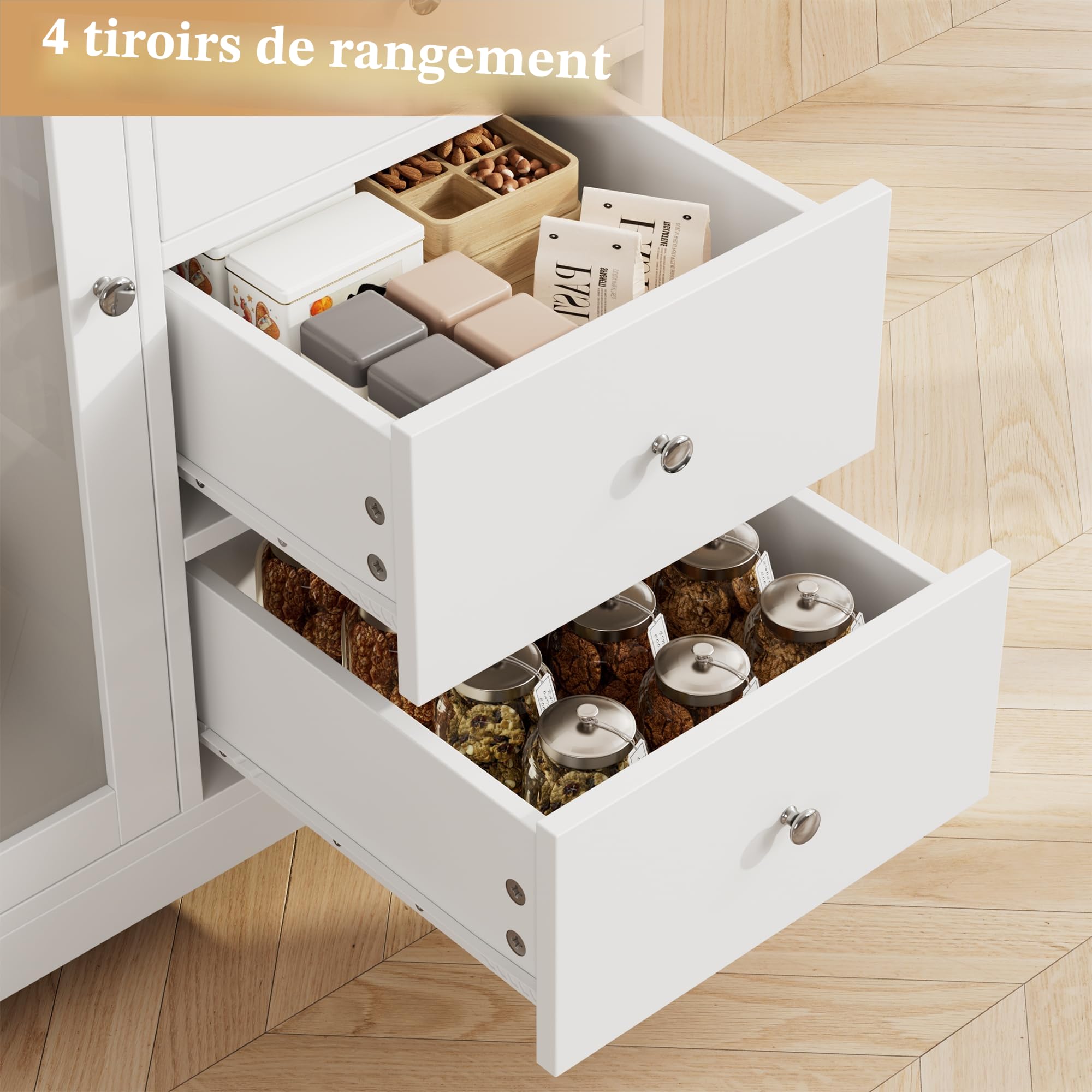 HOCSOK 163cm Armoire de Cuisine, Buffet Cuisine avec 3 Portes et 4 Tiroirs, Armoire Haute pour Salon, Salle à Manger, Bar, Style Moderne, Blanc
