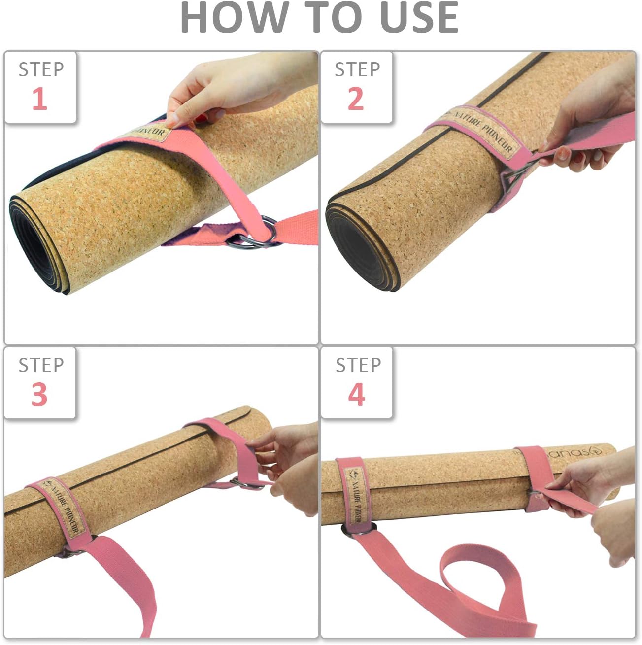 NATURE PIONEOR 8 FEET Combined 2 IN 1 Yoga Mat Strap and Yoga Strap for Stretching, 100% Cotton Yoga Stretch Training Bands with 4 Metal D-Ring Buckles for Carrying Yoga Mat and Yoga, Pilates, Fitness : Sports & Outdoors