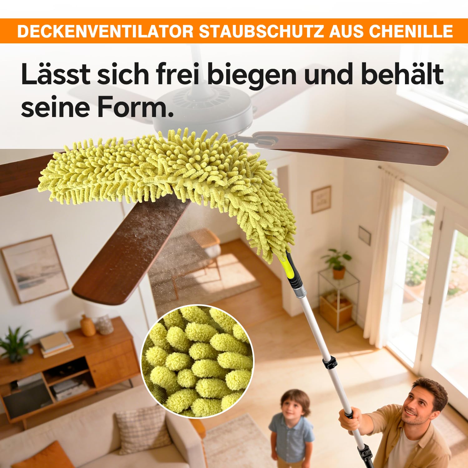 ARTIPOLY 6 m Staubwedel mit Teleskopstiel Set, 5-in-1 Staubwedel für hohe Reichweite mit Chenille Fensterabzieher und Mikrofaser Federstaubwedel für Decke und Wand im Innen- und Außenbereich, Gelb