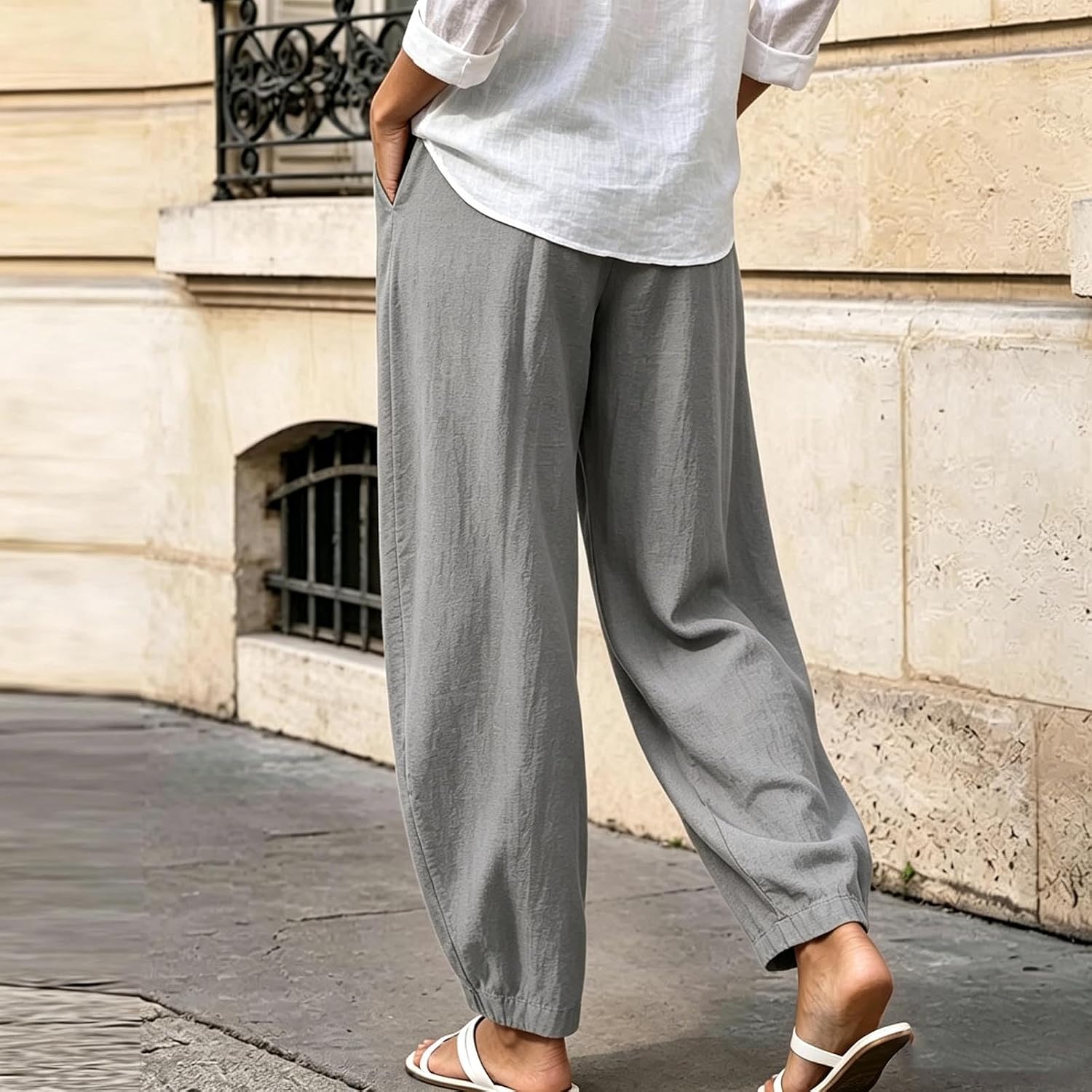 Womens Harem Pants Elastic Waist Wide Leg Palazzo Pant High Waisted Balloon Trouser Dressy Pants with Pockets