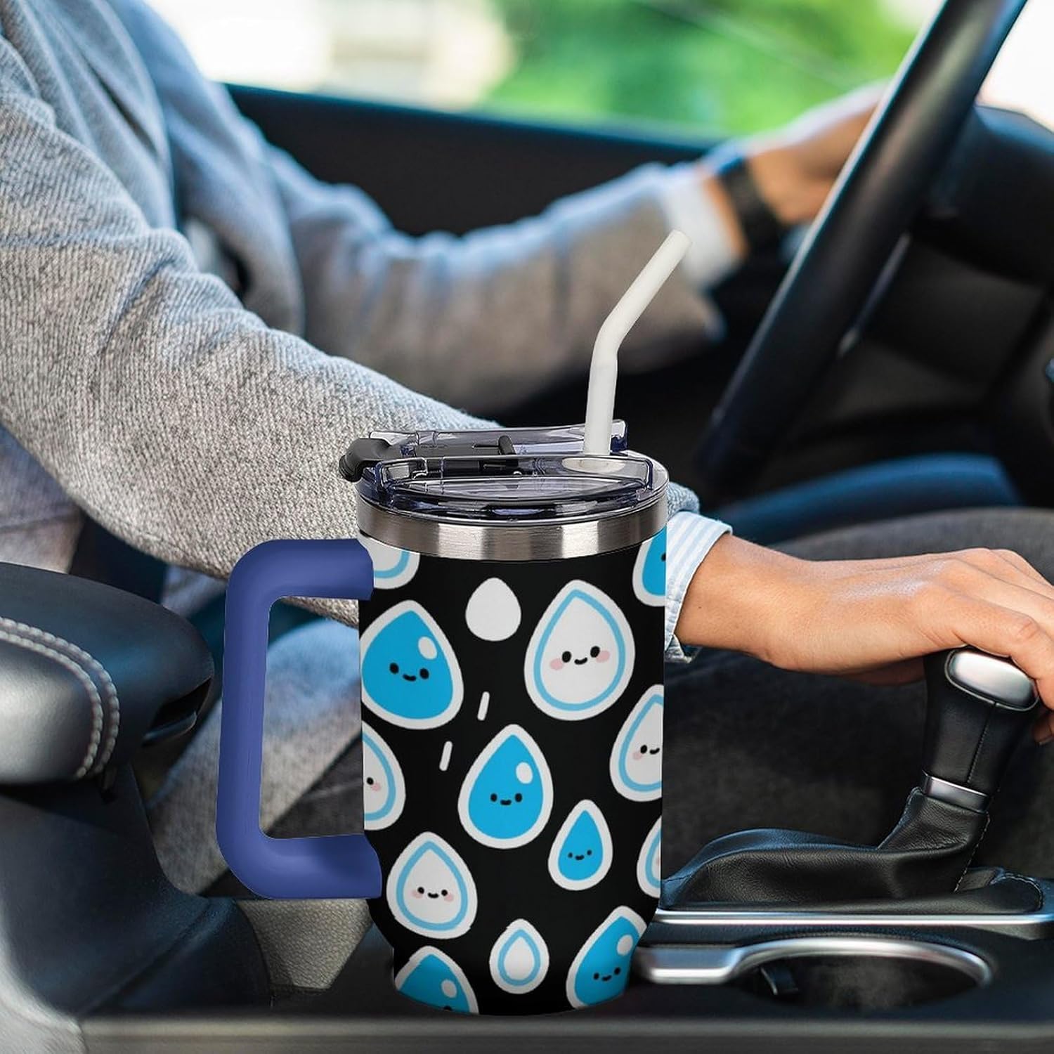 40 Oz Insulated Mug with Handle Lid And Straw Raindrop Pattern Pattern Large Metal Sports Bottle Great for Gifts Parties Office Coffee