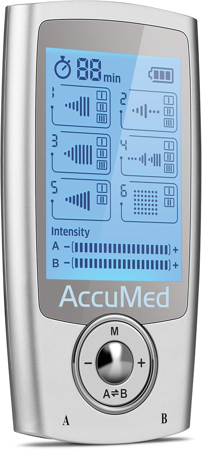 Close-up of AccuMed AP212 TENS Unit screen showing modes and intensity levels