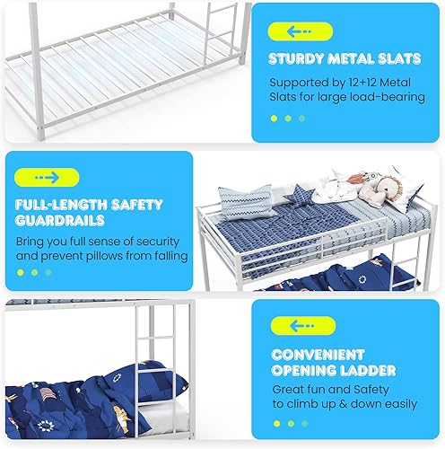 Miniatura 4 de GOFLAME Litera de tamaño individual sobre individual, litera con marco de metal con escalera y barandilla de protección, marco de cama con listones