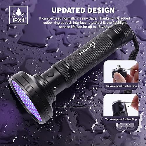 Miniatura 5 de ESCO LITE Linterna UV de luz negra, 100 luces LED negras para detección de orina de mascotas, linternas ultravioleta para orina de perro,