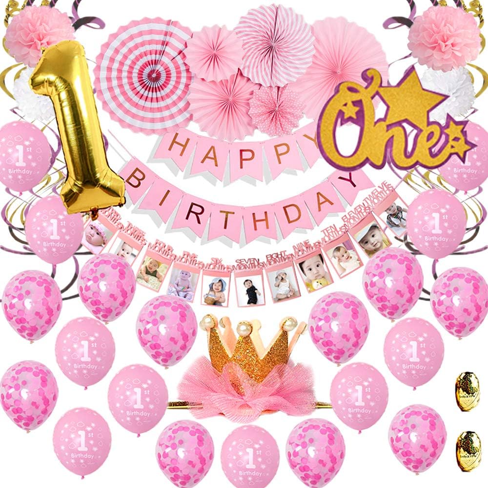 Baby Girl 1st Birthday Decoration Kit, 72PCS Baby Pink Birthday Party Supplies, Baby Photo Banner Latex Balloons Cake Topper Paper Decor and Hangings