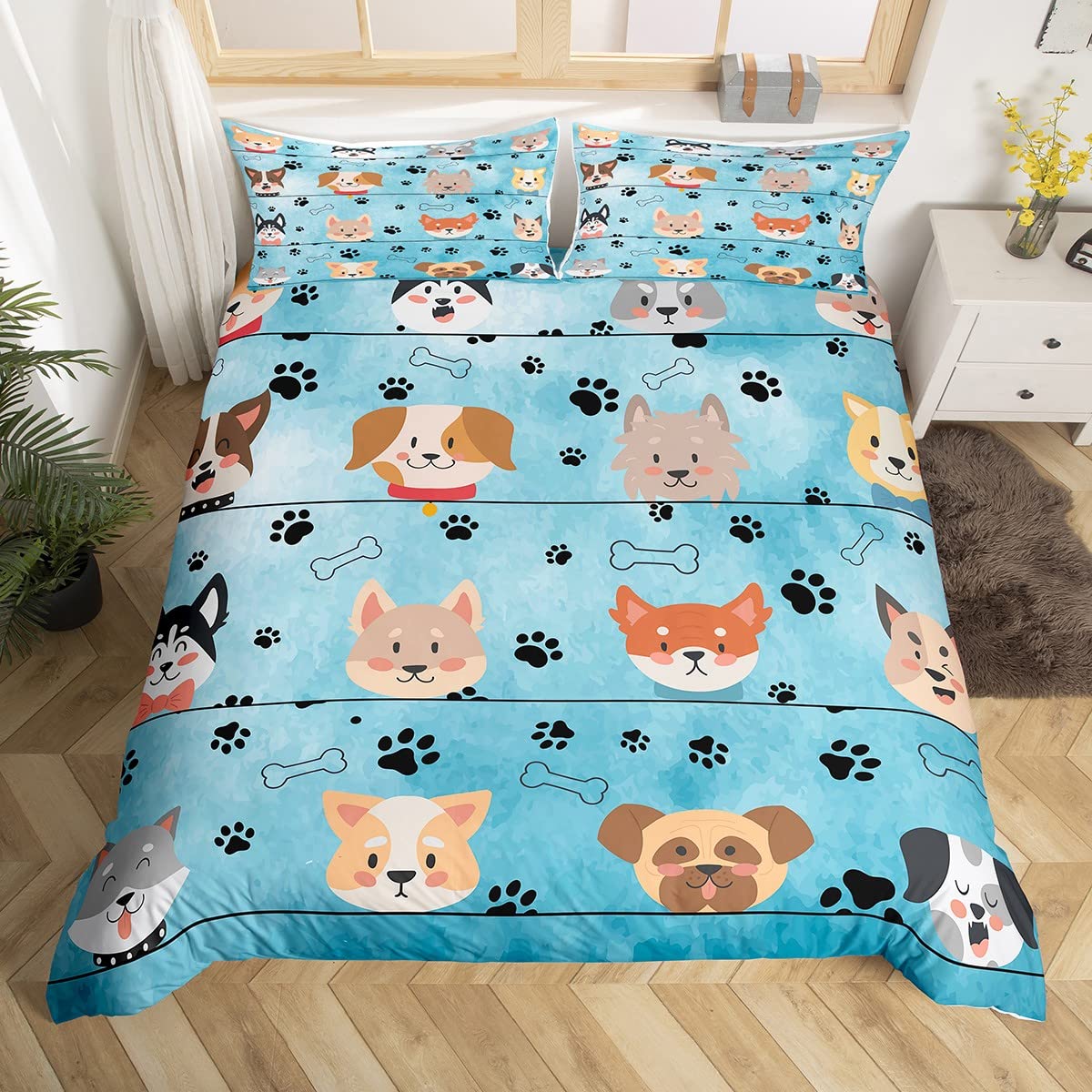 Kawaii Dog Kids Duvet Cover Set Twin Size,Paw Print Bone Animal Bedding Set,Girls Boys Adults Home/Guest Room Decor,Cartoon Pet Corgi Pug Comforter Cover,Blue Cute Quilt Cover,2pcs,1 Pillowcase