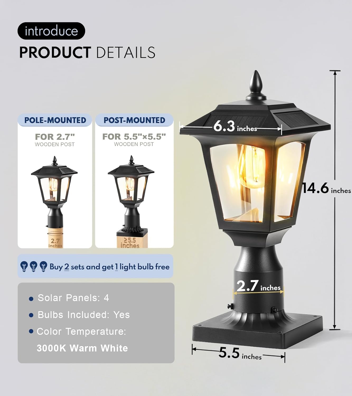 PASAMIC Solar Post Light 2 Pack, 3000K Automatic Dusk to Dawn Outdoor Solar Lamp with Aluminum Base, Waterproof Pillar Light for Fence, Garden, Yard, Patio,Outside Decoration– Bonus Bulb Included
