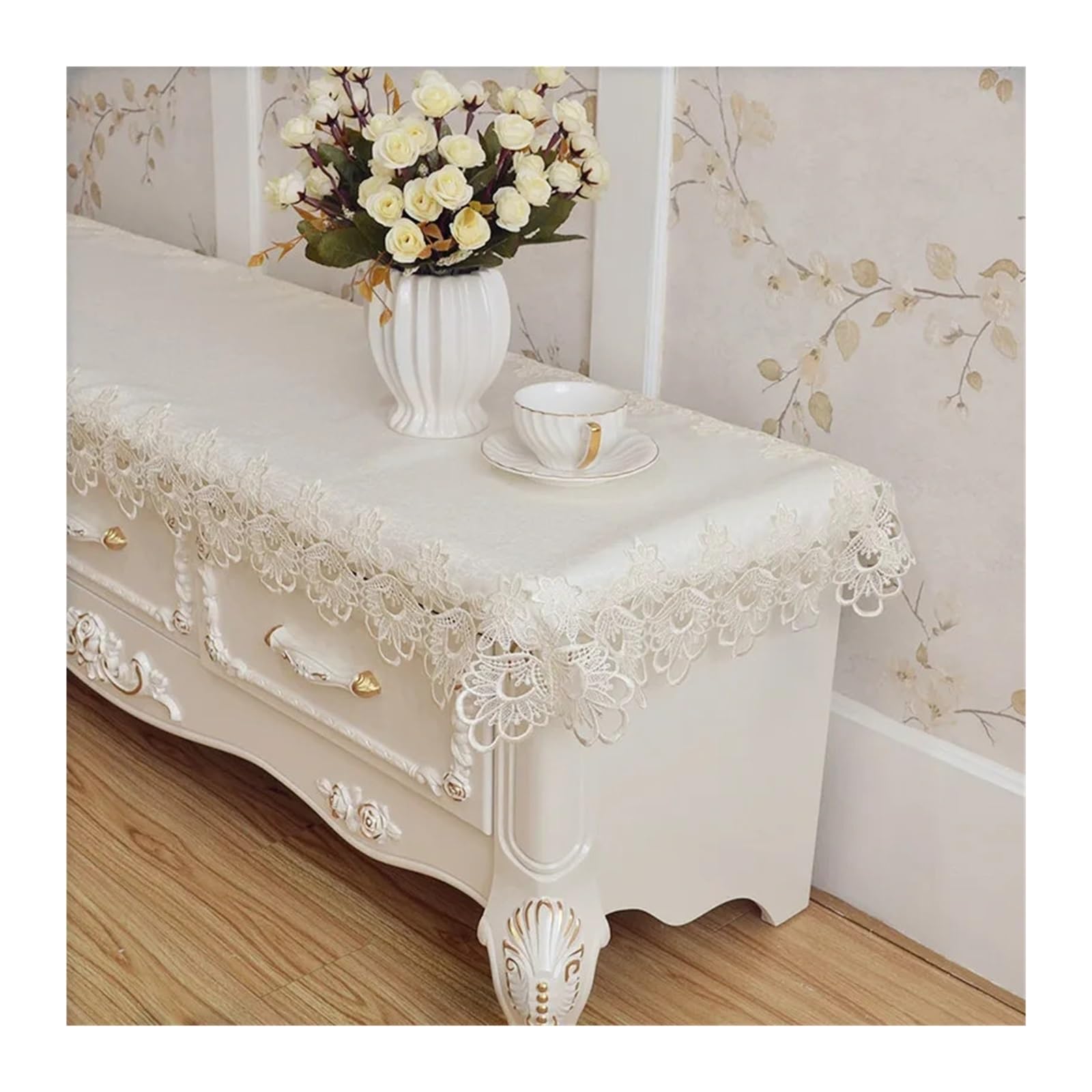 Nappe longue blanche rectangulaire beige 60x250cm style européen brodé