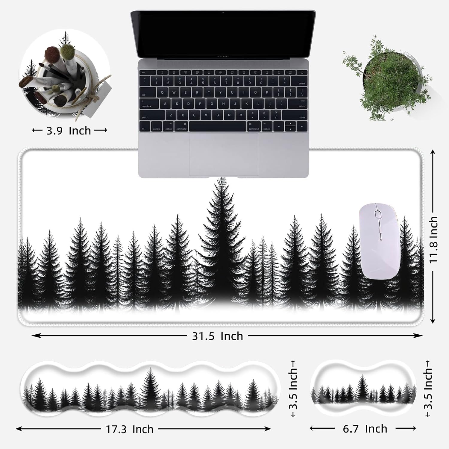 Large Mouse Pad Set,Extended Mouse Pad+Keyboard Wrist Rest Support Desk Pad Memory Foam Ergonomic Easy Typing,31.5×11.8 in Desk Mat Set for Home Office,Black Pine Trees Silhouette