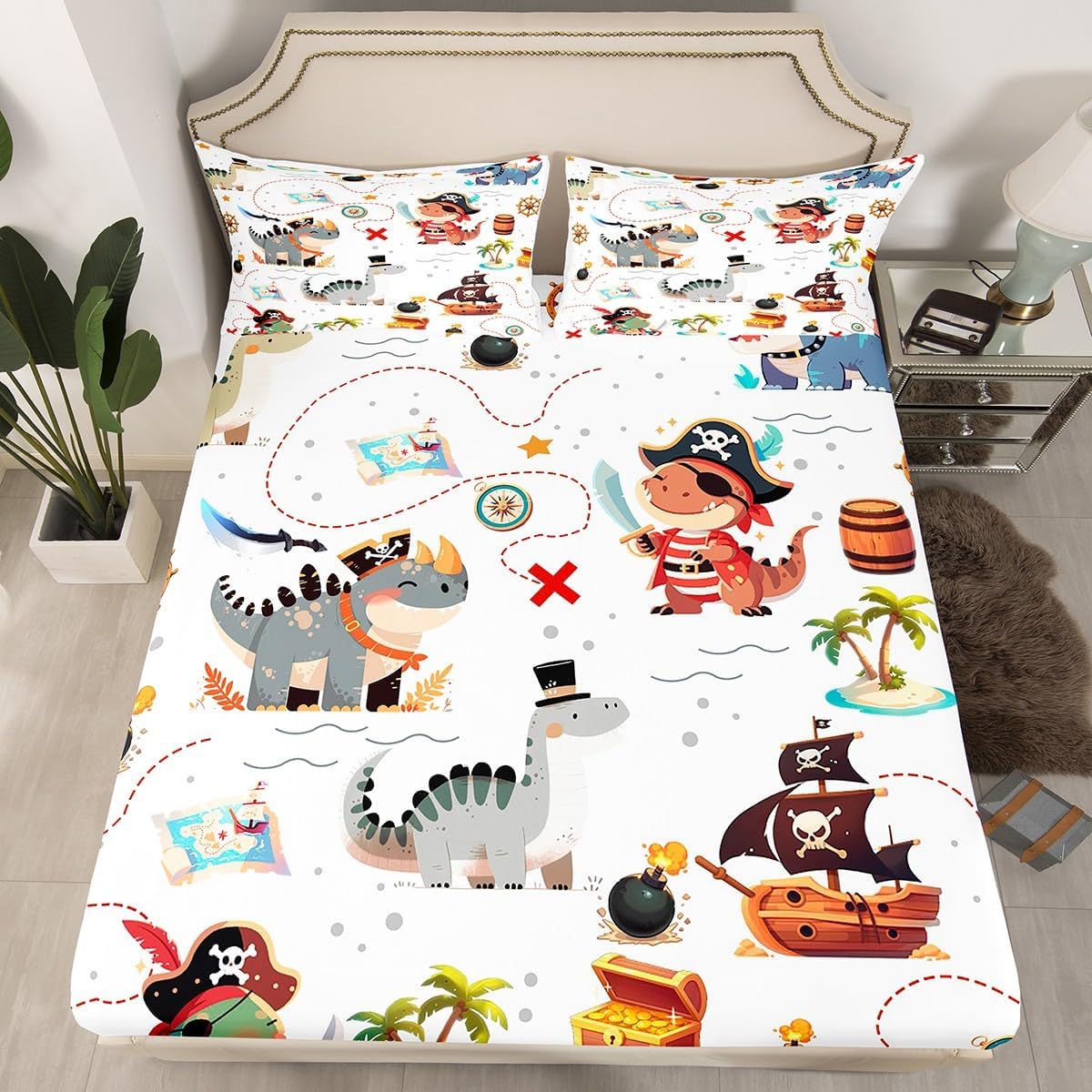 Homewish Pirate Dinosaur Kids Bedding Set Twin Size for Boys,Sea Nautical Map Theme Bed Sheets 3Pcs,Child Teens Bedroom Decor,Cartoon Animals Fitted Sheet Ocean Adventure Top Flat Sheet,1 Pillowcase