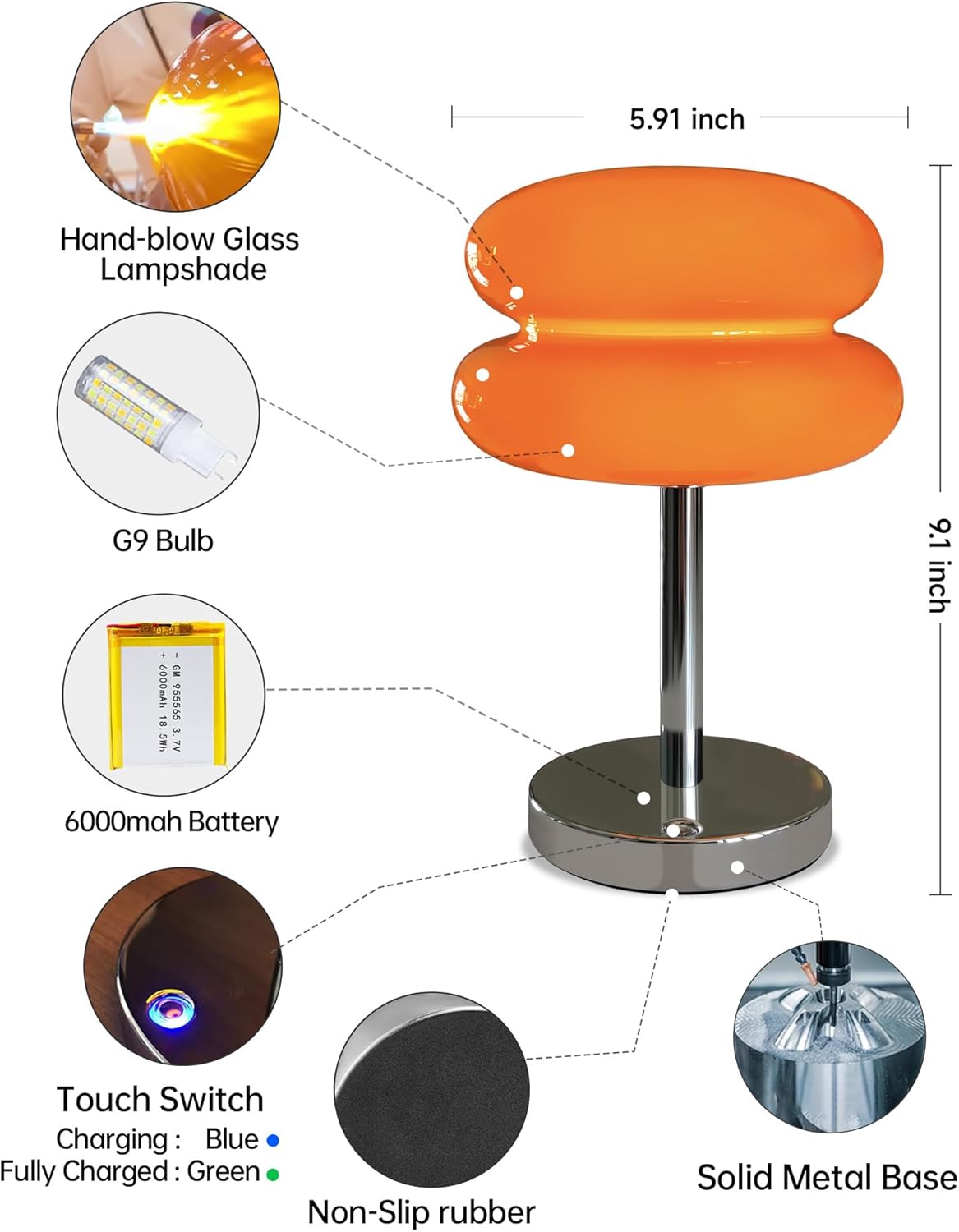 Mushroom Table Lamp for Bedroom, Cordless Mid Century Modern Lamp, Cute Egg Tart Small Night Light, 6000mAh Rechargeable Table Light for Living Room Nightstand Home Mushroom Decor Aesthetic (Orange)