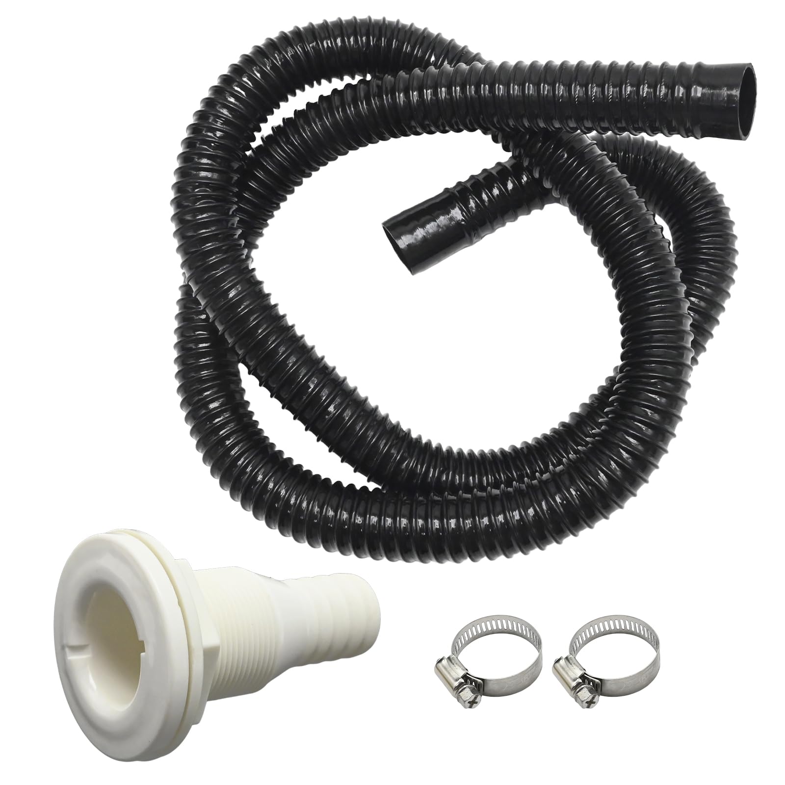 Ollanoos Marine Bilge Plumbing Kit, Includes Thru-Hull, 1-1/8" 1.8m PVC Hose and Stainless Clamps, for Sailboats and Yachts