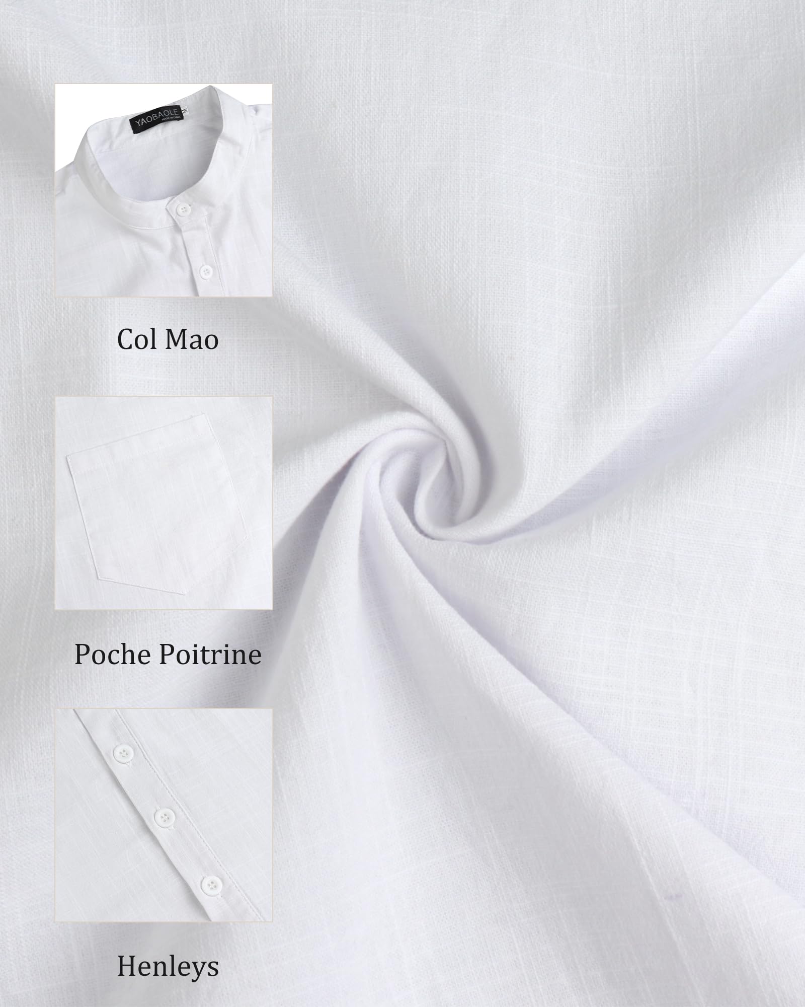 YAOBAOLE Chemise Lin Homme Manches Longues Chemisette Décontractée Homme Col Mao Chemise Eté Leger de Plage