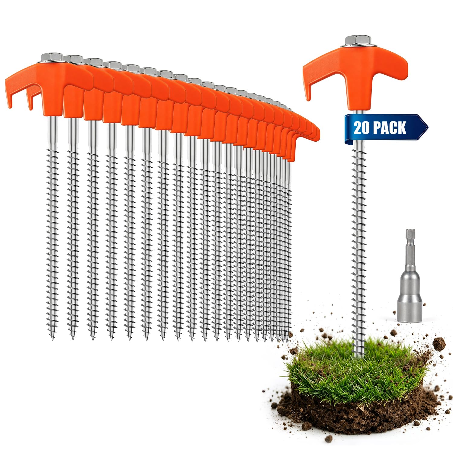AVOFOREST 20 Pack Heavy Duty Metal Tent Pegs,20cm Rock Pegs with Thread,Screw In Tent Camping Pegs with Drill Adapter,Awning Pegs for Camping, Garden, Canopies
