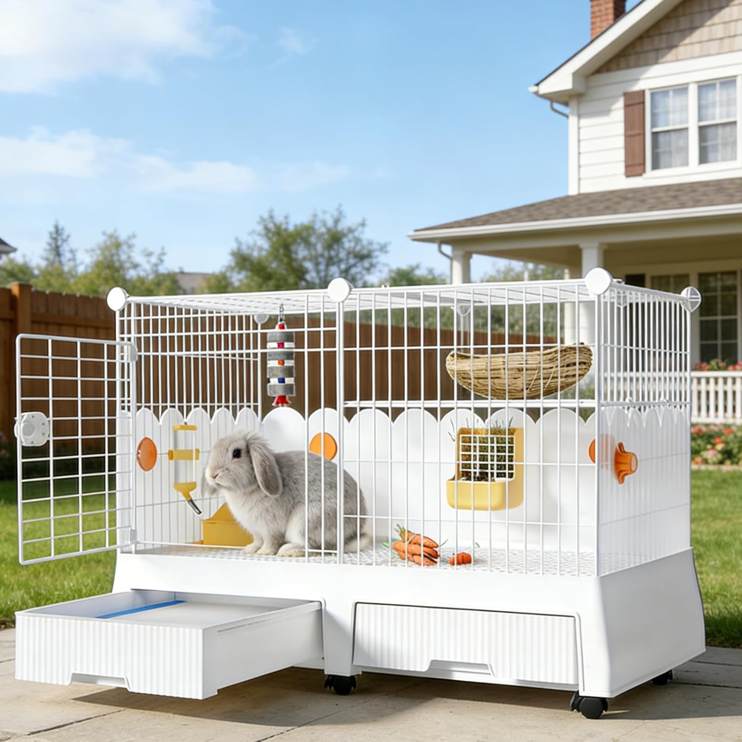 Oneluck Large Rabbit Hutch, 2-Story Bunny Cage with Rasied Urine-Proof Walls, Leak-Proof Trays, Wheels,37" L x22 W x 30" H for Rabbits, Chinchillas, Guinea Pig and Small Animals