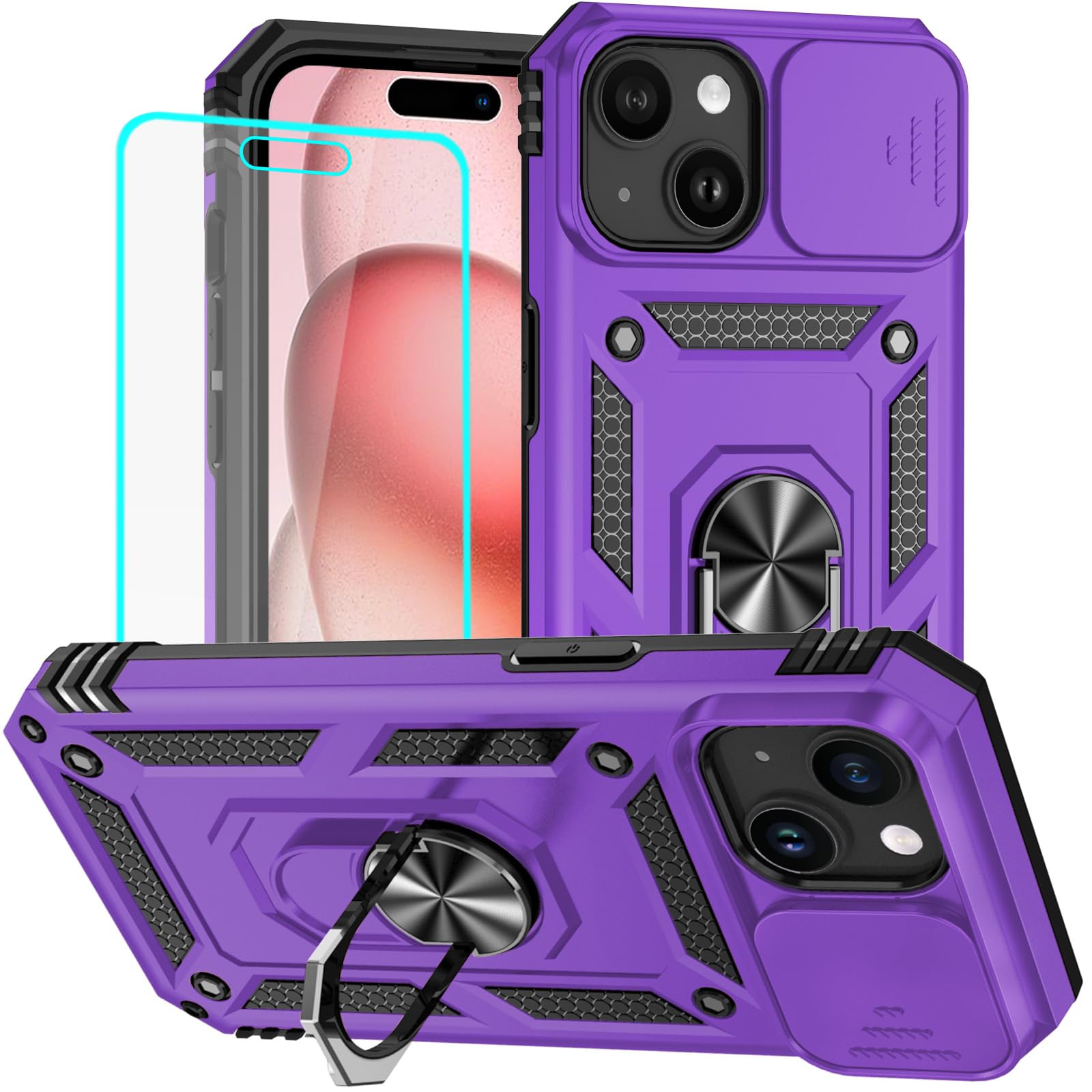 HNHYGETE for iPhone 15 Case with HD Screen Protector: [Military Grade 20ft. Drop Tested] Ring Shockproof Protective Phone Case for - iPhone 15 Purple