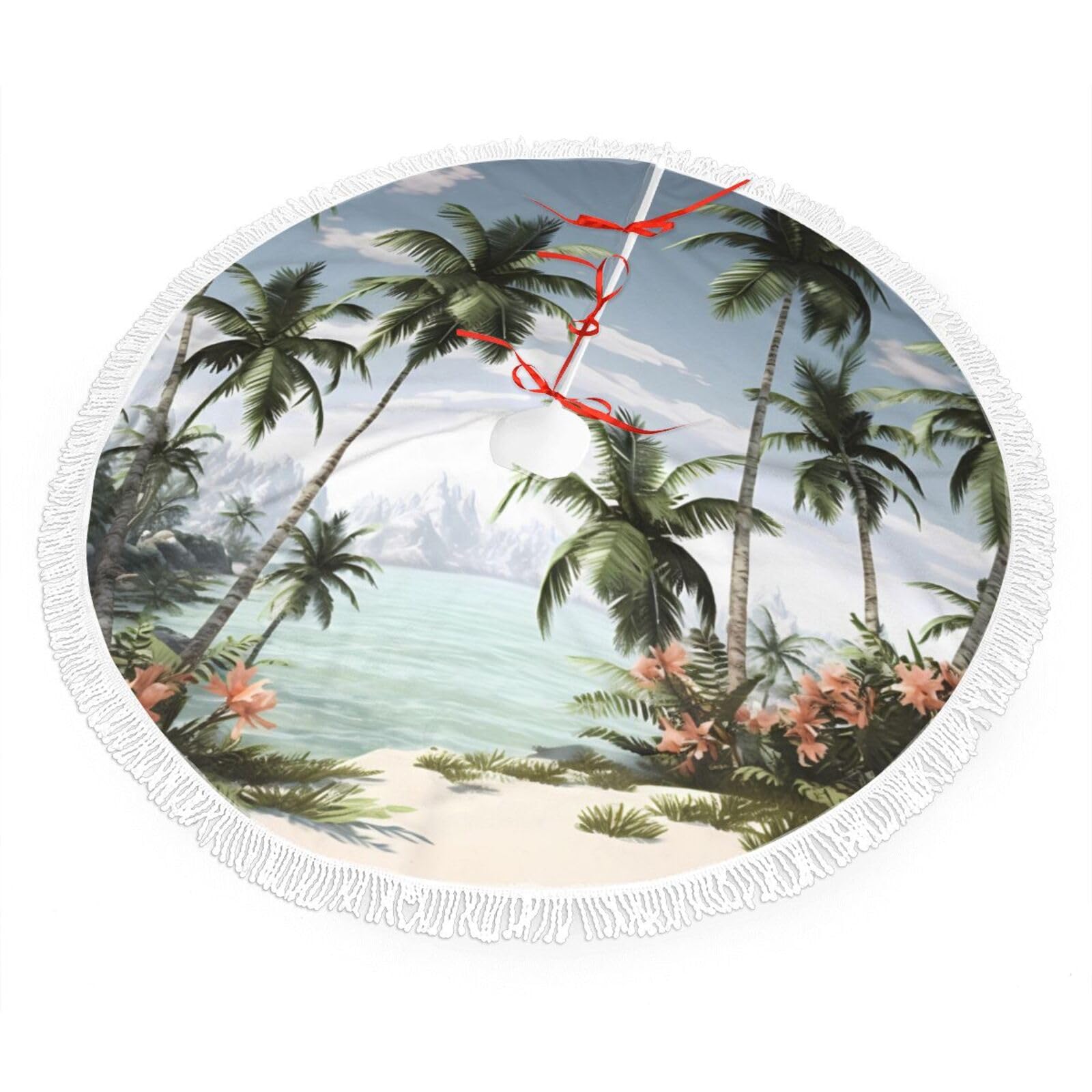 Tropical Palm Trees Christmas Tree Skirt 48", Soft Plush Xmas Tree Carpet with Tassel Christmas Ornaments Winter Holiday Tree Mat Decoration for Home Party Supplies