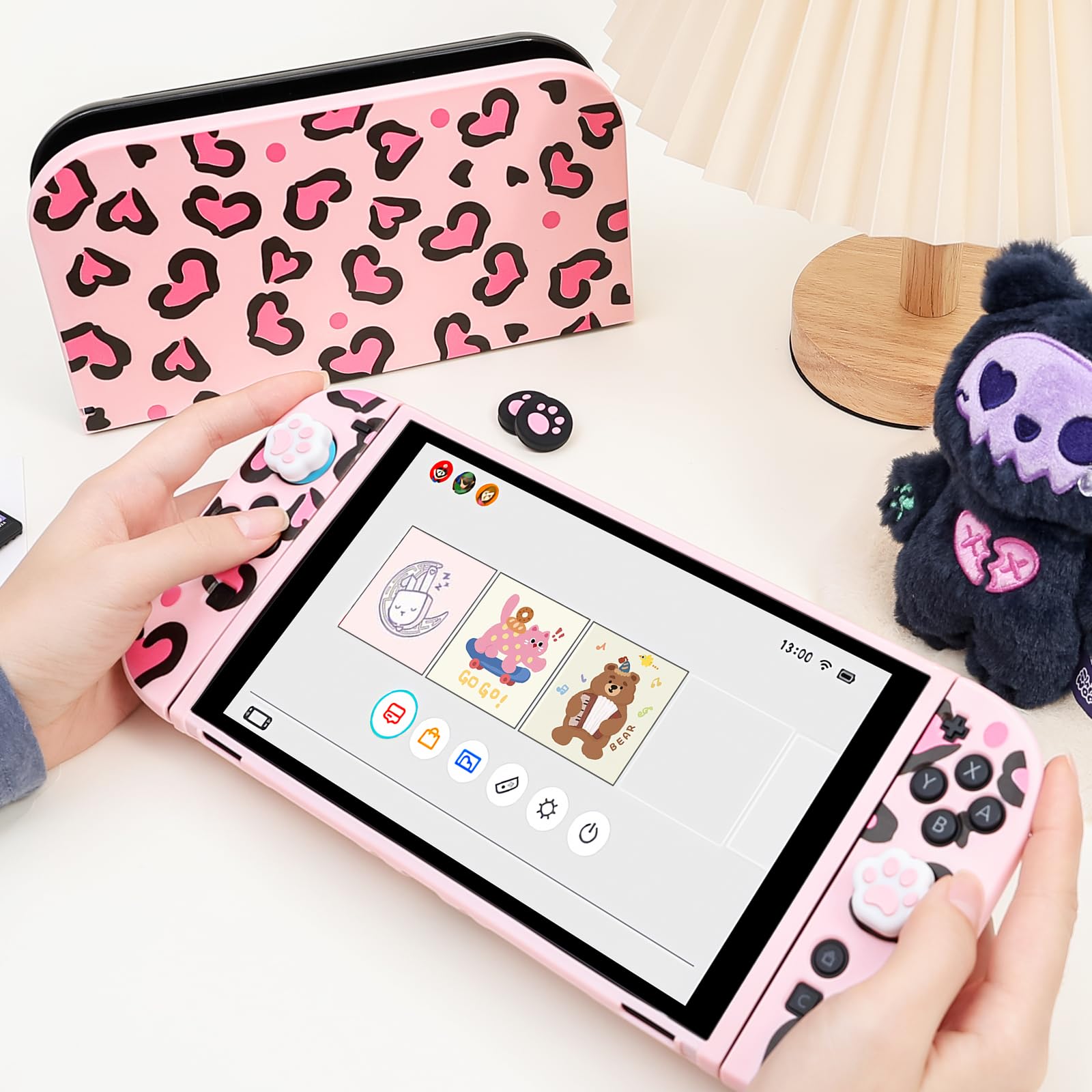 DLseego Protective Case Compatible with Switch 2,Heart Leopard TPU Dockable Soft Cover with Switch 2 Dock Case,Handle Cover and 4PCS Thumb Grips,Pink — view 6