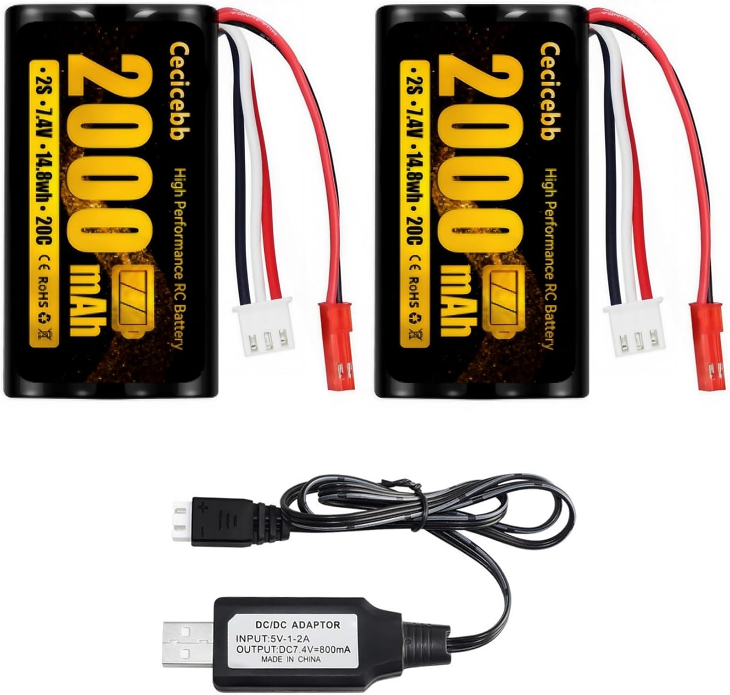 2000mAh 7.4V Li-ion Battery with JST Plug 2S Rechargeable RC Battery Fit for RC Helicopter Car Truck RC Boats Drone Airsoft Water Ball Blaster with 7.4V USB Charger