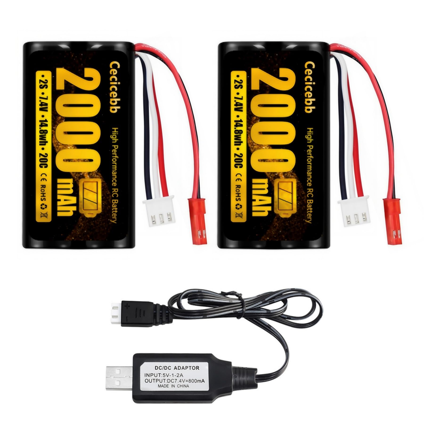 Cecicebb 2000mAh 7.4V Li-ion Battery with JST Plug 2S Rechargeable RC Battery Fit for RC Helicopter Car Truck RC Boats Drone Airsoft Water Ball Blaster with 7.4V USB Charger