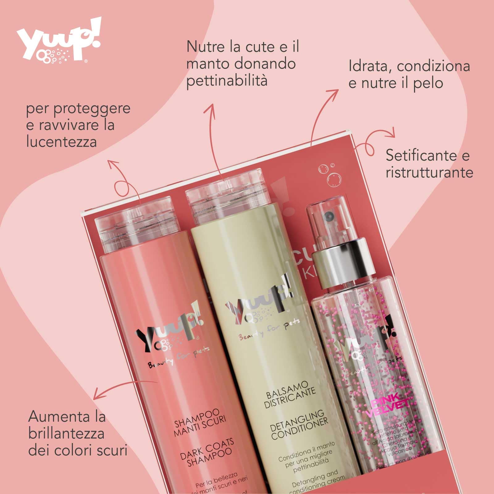 YUUP! - KIT MANTI SCURI | Shampoo manti scuri, balsamo districante e Pink Velvet, kit per cani e gatti con manti neri o scuri