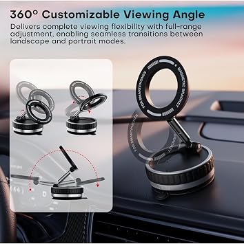 DUFFA Magsafe Uyumlu Manyetik Araç Telefon Tutucu - Güçlü Vakumlu ve Yapışkanlı Sabitleme Mekanizması, 360° Dönebilen Katlanabilir Torpido ve Cam Üstü Telefon Tutacağı