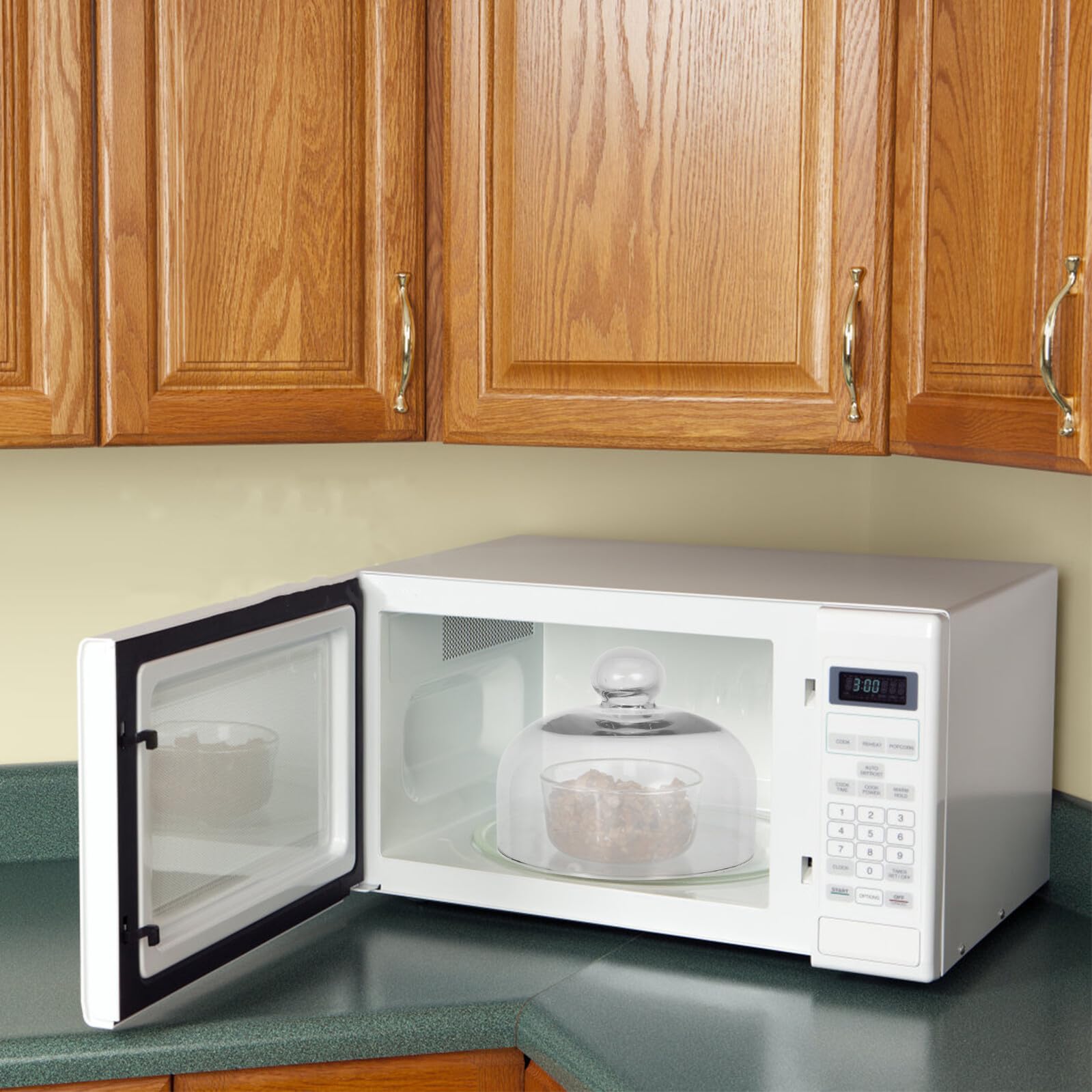Tapa de Cristal Ventilada para Microondas de 23 CM Diámetro y 155 CM Alto Protector Antisalpicaduras Transparente para Alimentos Apta para Platos Microondas y Alta Temperatura