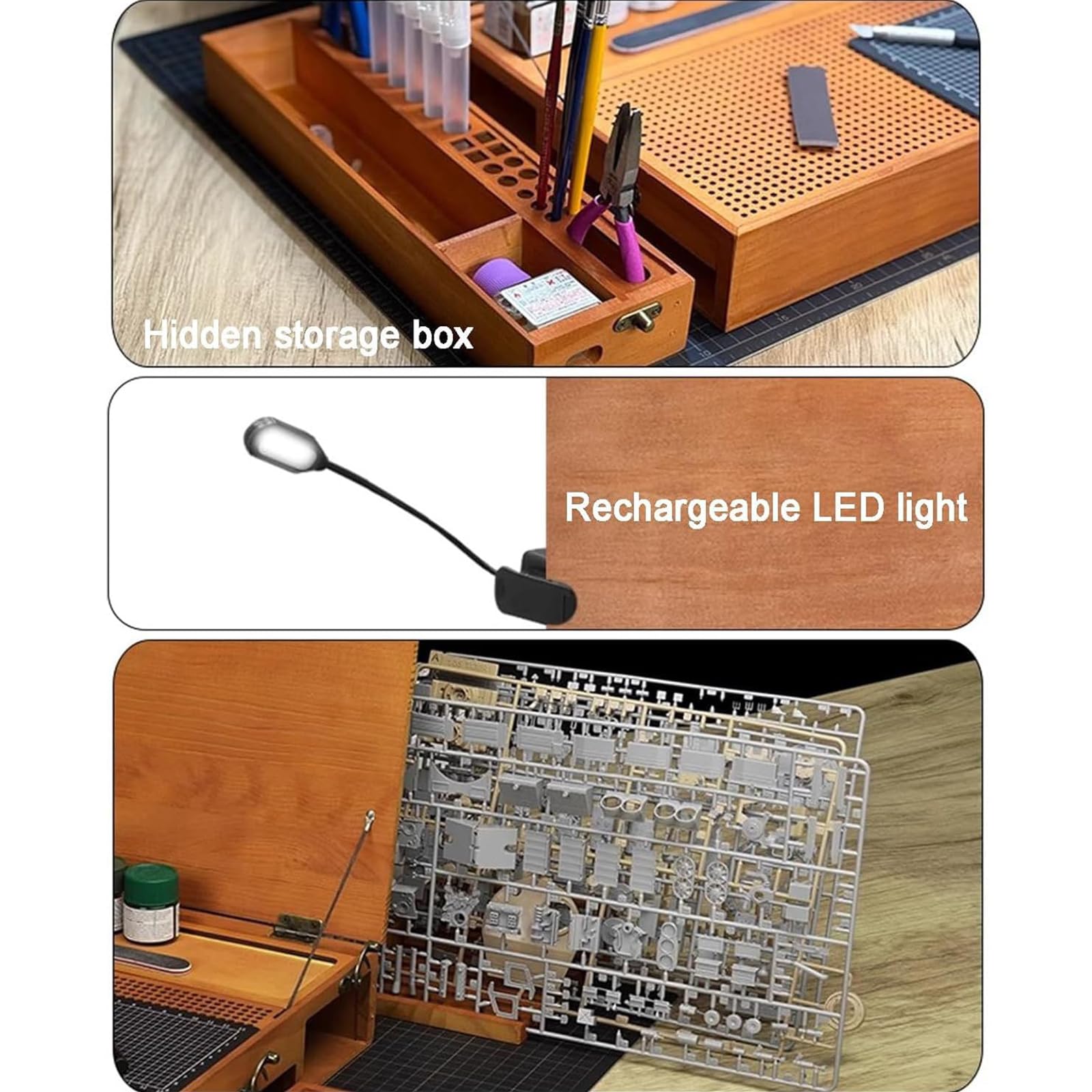 Postazione di lavoro per modellismo, stazione di lavoro in legno per hobby con luce LED e stoccaggio, banco da lavoro pieghevole per fai da te in miniatura, pittura e assemblaggio