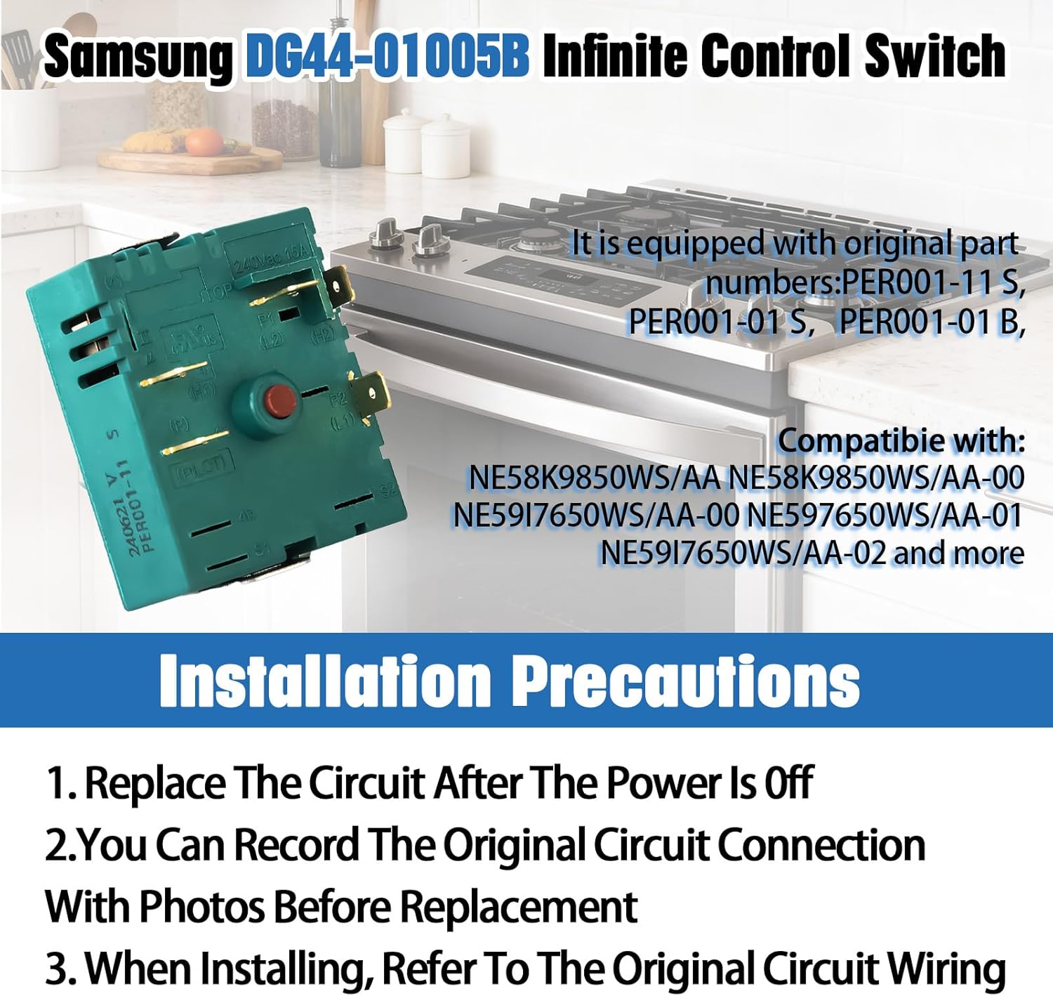 DG44-01005B Range Surface Element Control Switch Compatible with Samsung Range, Replacement for DG44-01005A CKD01005BX, 15A H-Cut Sin Regulator Energy Per001-11
