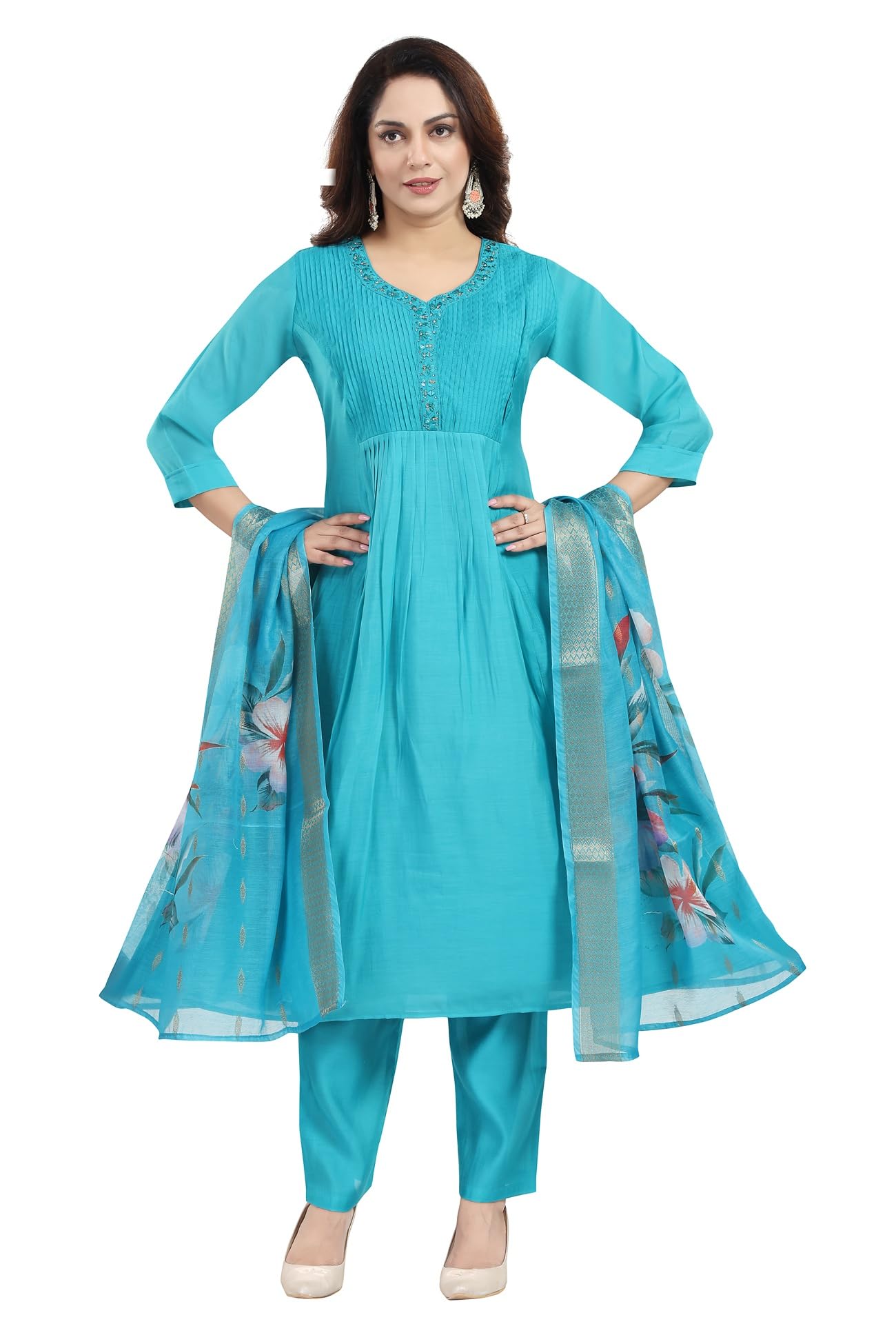 Women's Blue Kurta Pant Dupatta Set | Embroidered Yoke Straight Kurta with Floral Printed Organza Dupatta | Ethnic Wear Suit Set for Women | Festive, Casual & Office Wear-image-41
