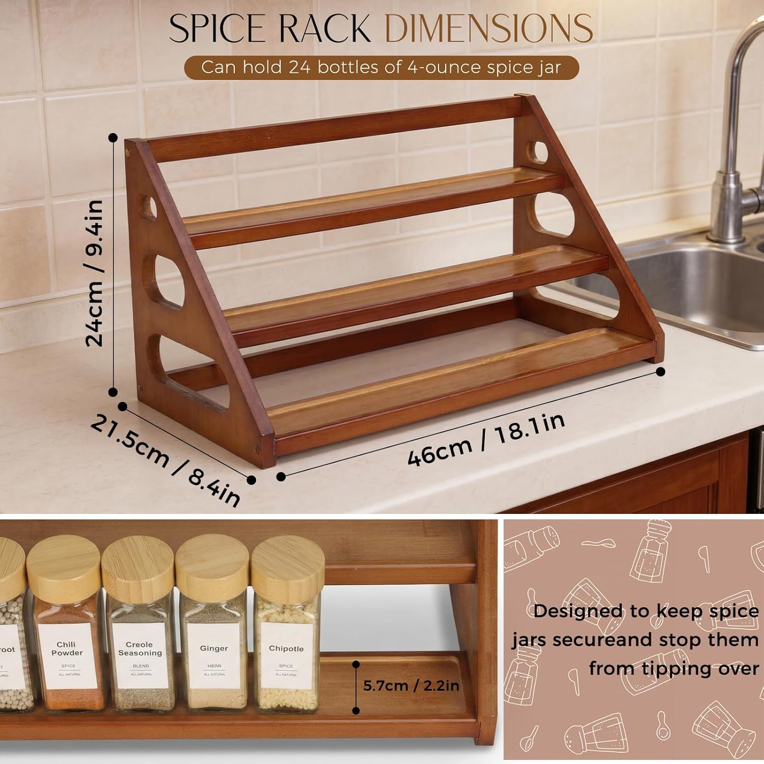 Spice Rack, Spice Organizer -3 Tier Bamboo Spice Racks, Solution for Spice Storage in Kitchens, Countertops，Storage Rooms and Other Places(Brown)