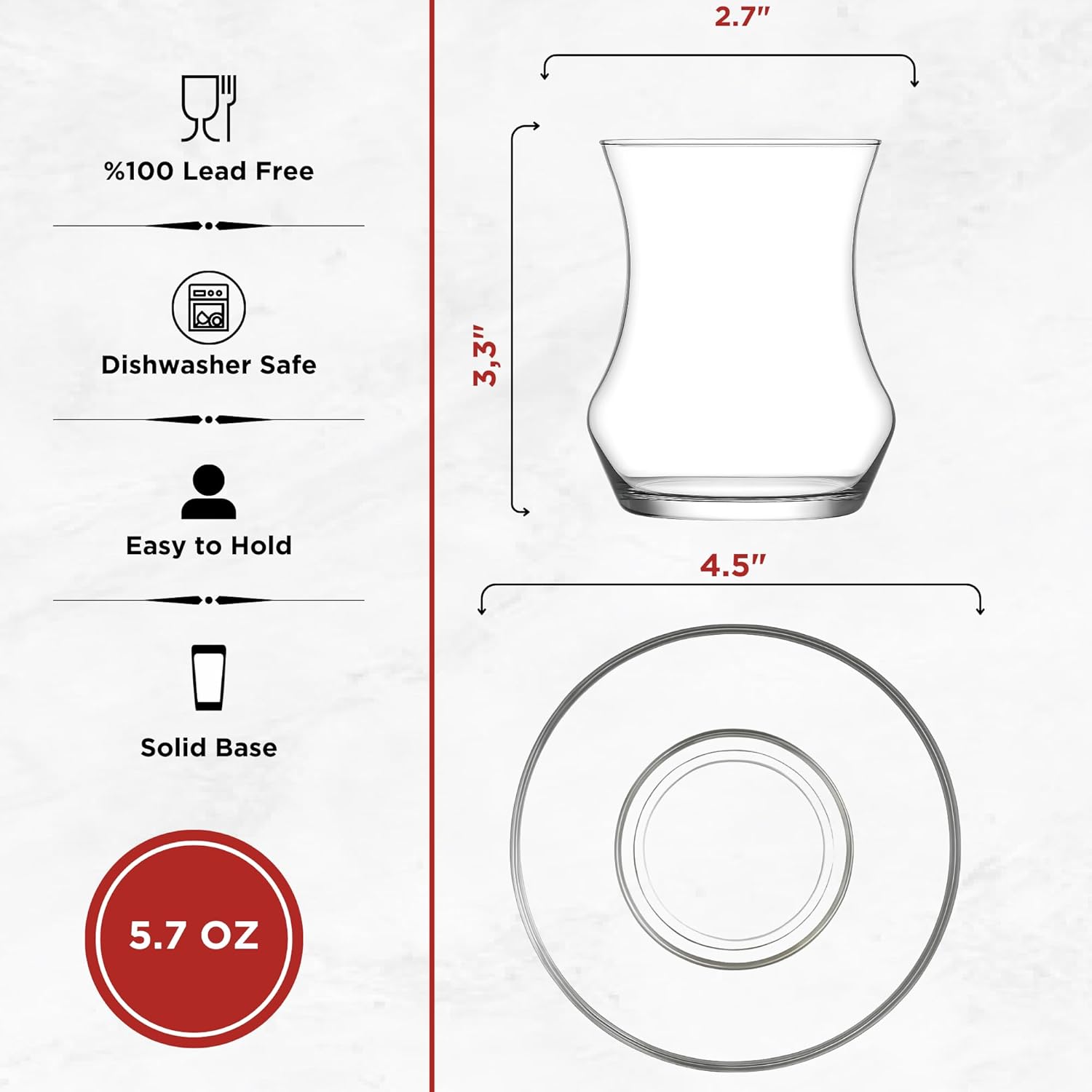 Turkish Tea Glass Set of 6, Slim Waist & Fat Bottom Design (4.5 oz), Heat Retaining Thick Base, Includes 6 Glasses & 6 Saucers, Drinking Cups for Whiskey, Tequila, Espresso, Shot Glasses & More