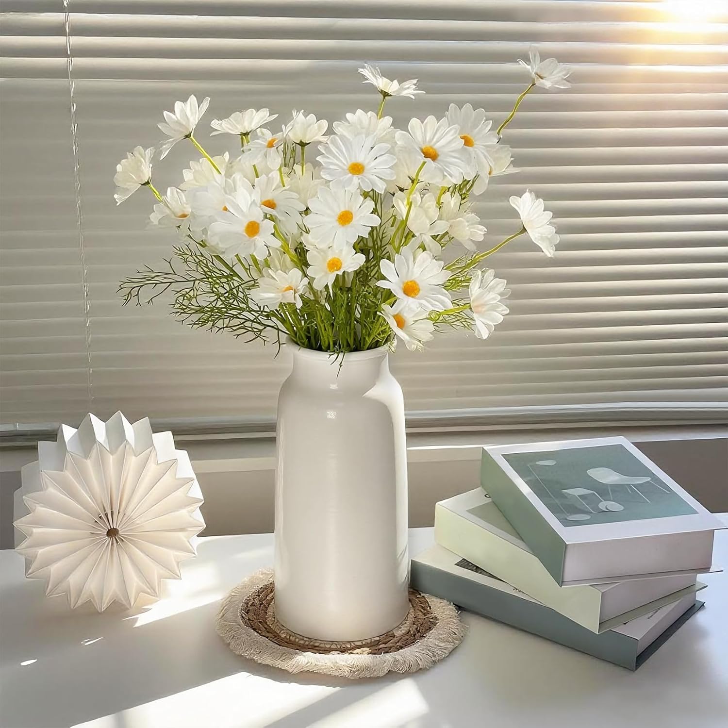 Modern White Metal Vase for Pampas Grass Bouquet, 10.67" Minimalist House Living Room Bedroom Restroom Decor Aesthetic, Anniversary Wedding Gift for Centerpiece Table Decorations Accessories for Women