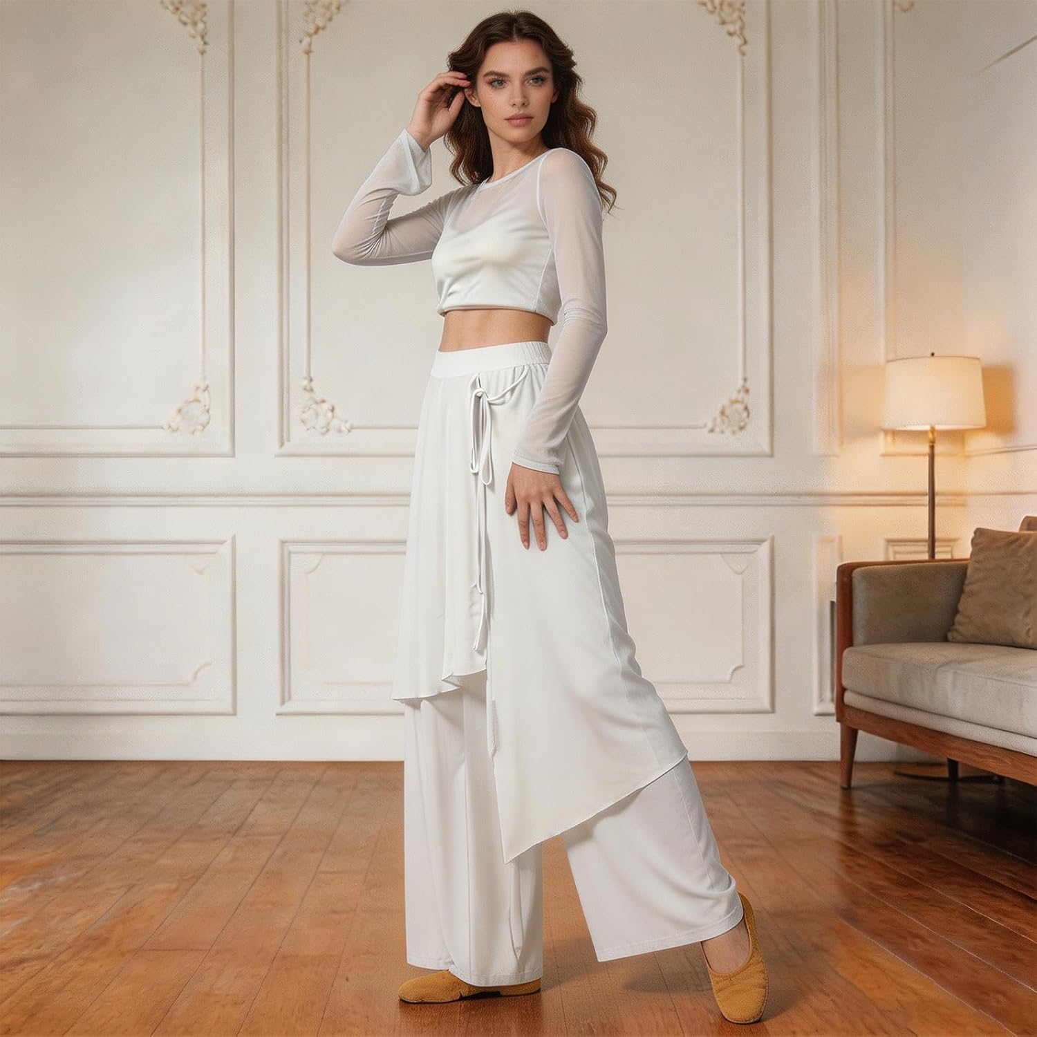 Women Classical Dance Pants Practice Uniform Palazzo Pants Elastic Waist Loose Fit Bottoms for Going Out