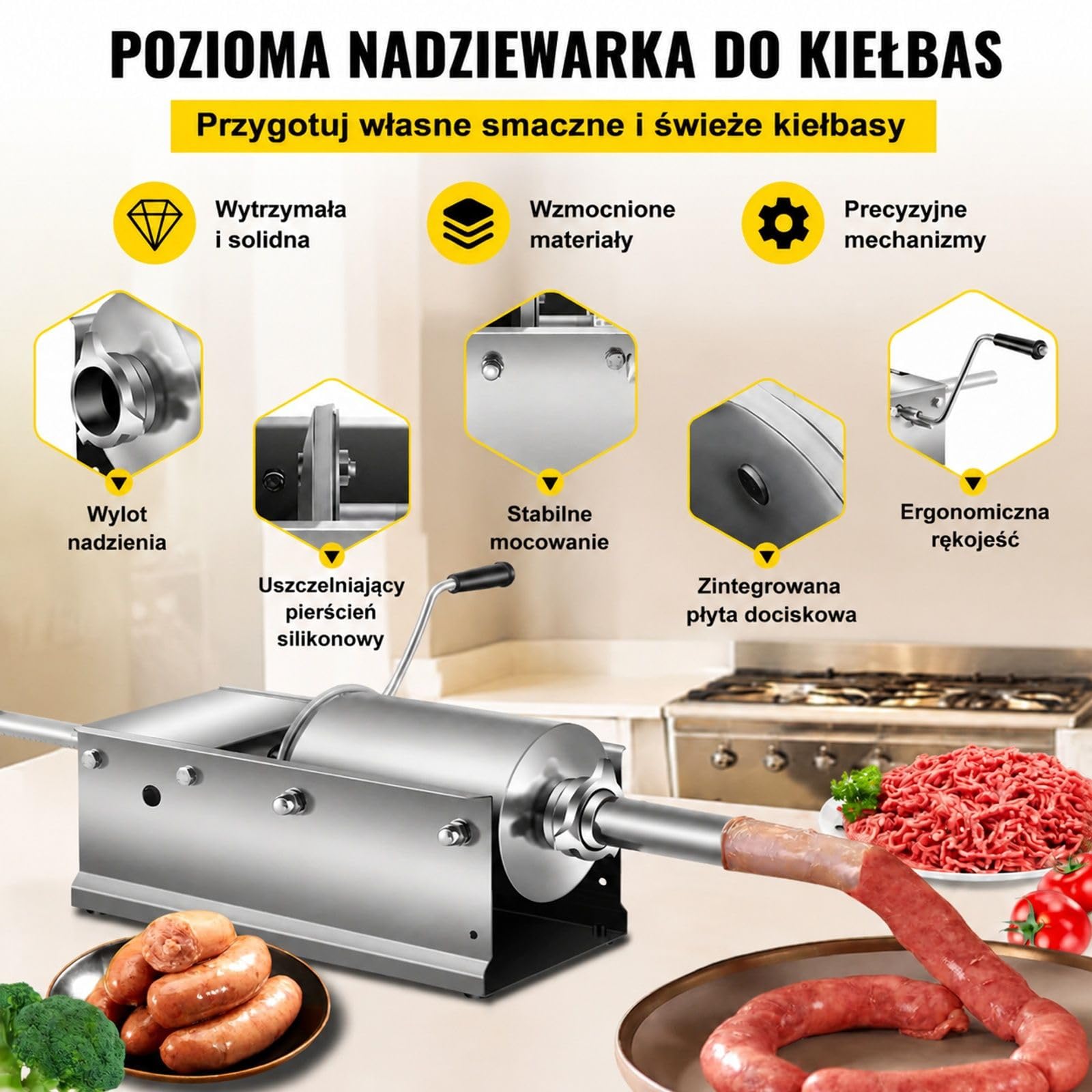 Ręczna pozioma nadziewarka do kiełbas 3 l ze stali nierdzewnej z 5 lejkami do kuchni