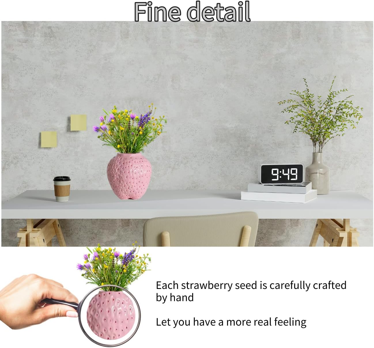 Strawberry vase Ceramic Decoration high Appearance Level Advanced hydroponic vase with Large Insert (Pink, Big)
