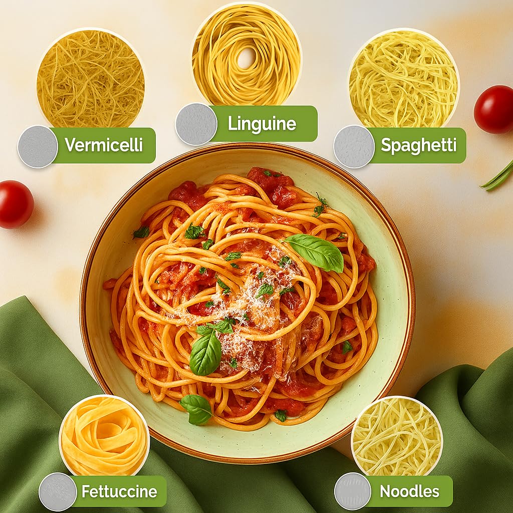 Machine à Pâtes Fraîches Électrique – Pâtes Maison en Quelques Minutes | Laminoir Automatique avec 5 Disques Interchangeables | Tagliatelle, Lasagnes, Gnocchis, Raviolis