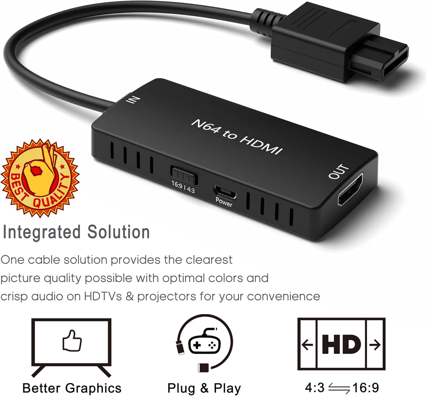 HD Link Cable for Gamecube, N64, SNES (3-in-1), HDMI Adapter with S-Video Signal Output (Better Video Quality), HD Converter with 4:3/16:9 Switch, 3IN1SNESNGCN64-02 Portable - Image 2