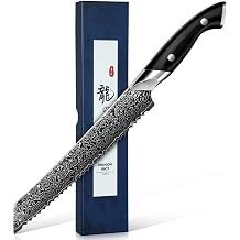 DRAGON RIOT 8 Inch Bread Knife with Damascus Pattern, VG10 Steel Core, High Carbon Stainless Steel Serrated Blade, Ergonomic Curved Handle, Easy to Clean, Kitchen & Baking Gift