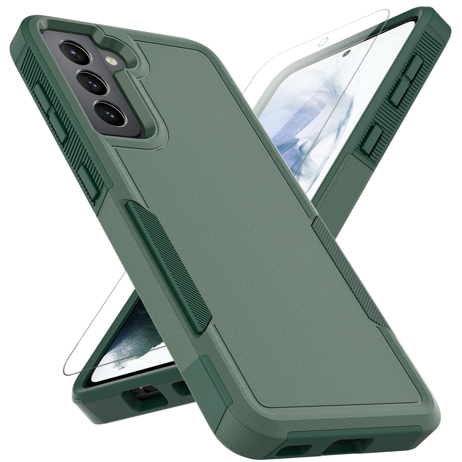 for Samsung Galaxy S21 FE 5G Case: Dual Layer Protective Heavy Duty Cell Phone Cover Shockproof Rugged with Screen Protector - Military Protection Bumper Tough for Samsung Galaxy S21 FE 5G, Dark Green