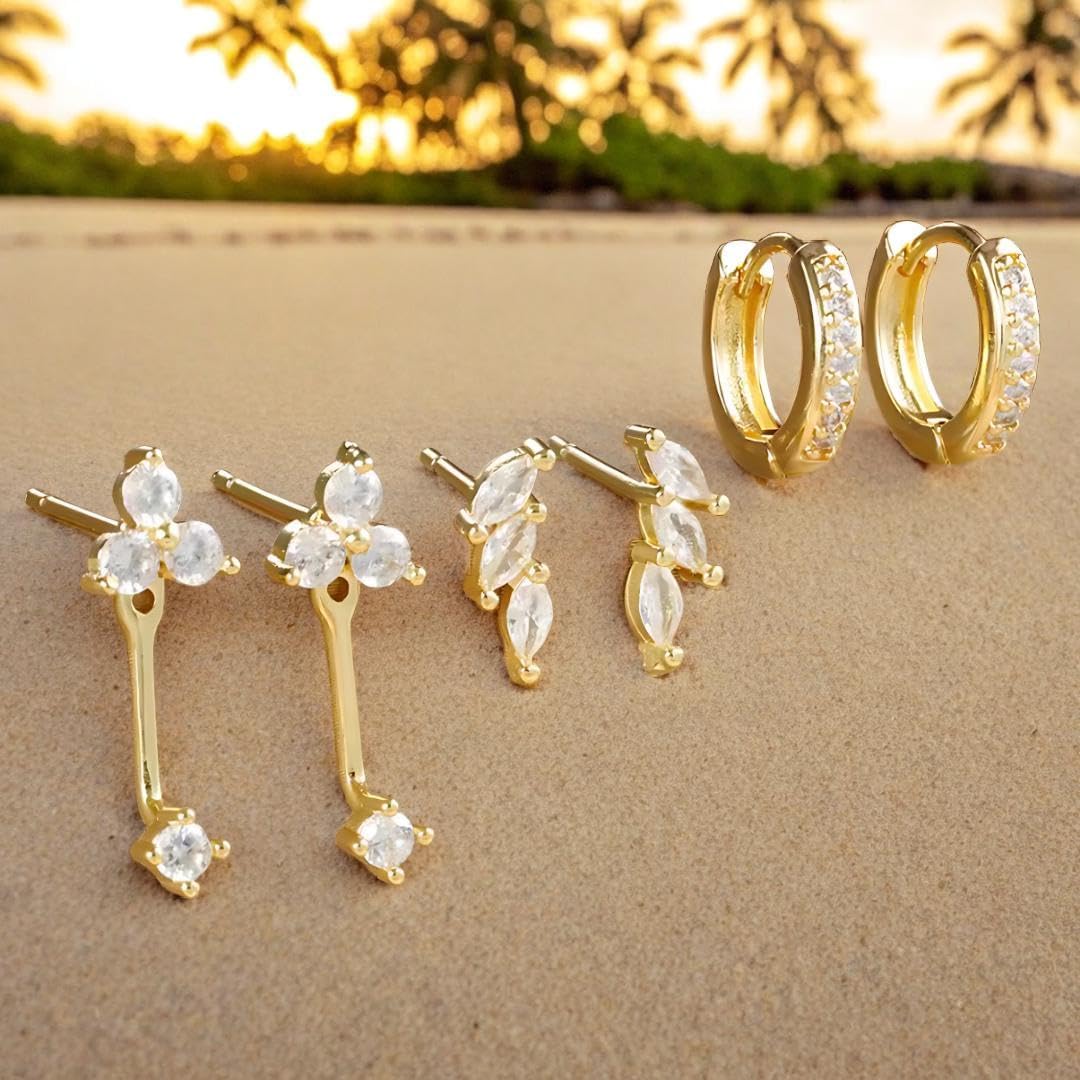 Gold Hoop Earrings for Women 3 Pairs Hypoallergenic Stud Earrings for Women Trendy, Huggie Gold Hoops Plated S925 Sterling Silver Jewelry Set Dainty Stud Dangle Cartilage Jacket Helix Piercing Jewelry - Image 7