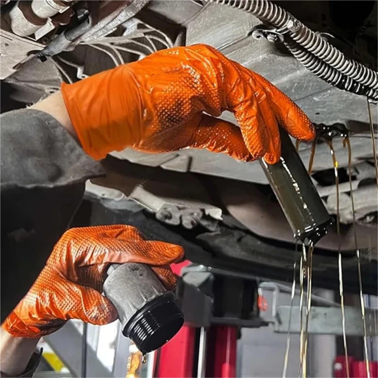 Rutschfeste Arbeitshandschuhe Orangefarbene Nitrilhandschuhe mit strukturiertem Griff for Mechaniker-Arbeitshandschuhe(Black 50PCS,XL)