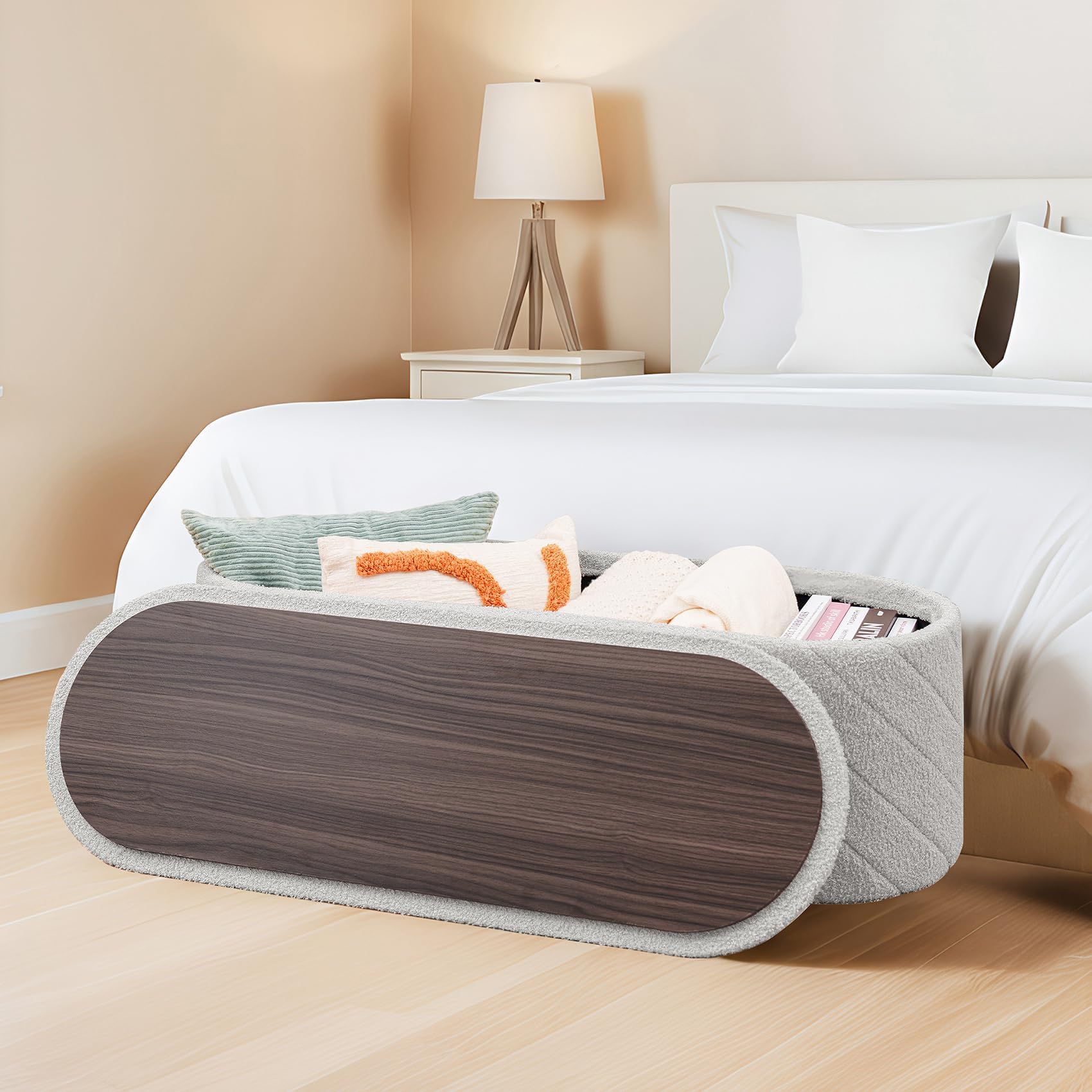 Bonlife Ovale Ottomanbank mit Stauraum, Klappbare Fußbank mit Deckel, Boucle Bank für Fußende des Bettes, Hocker für Wohnzimmer, Schlafzimmer, Eingangsbereich, Grau, 110x38x38cm
