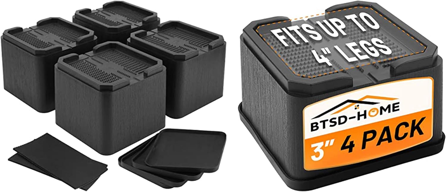 BTSD-home Bundle of 4 Pack 4 inch Bed Risers Heavy Duty and 4 Pack 3 Inch Oversized Bed Risers Heavy Duty 4 inch Wide
