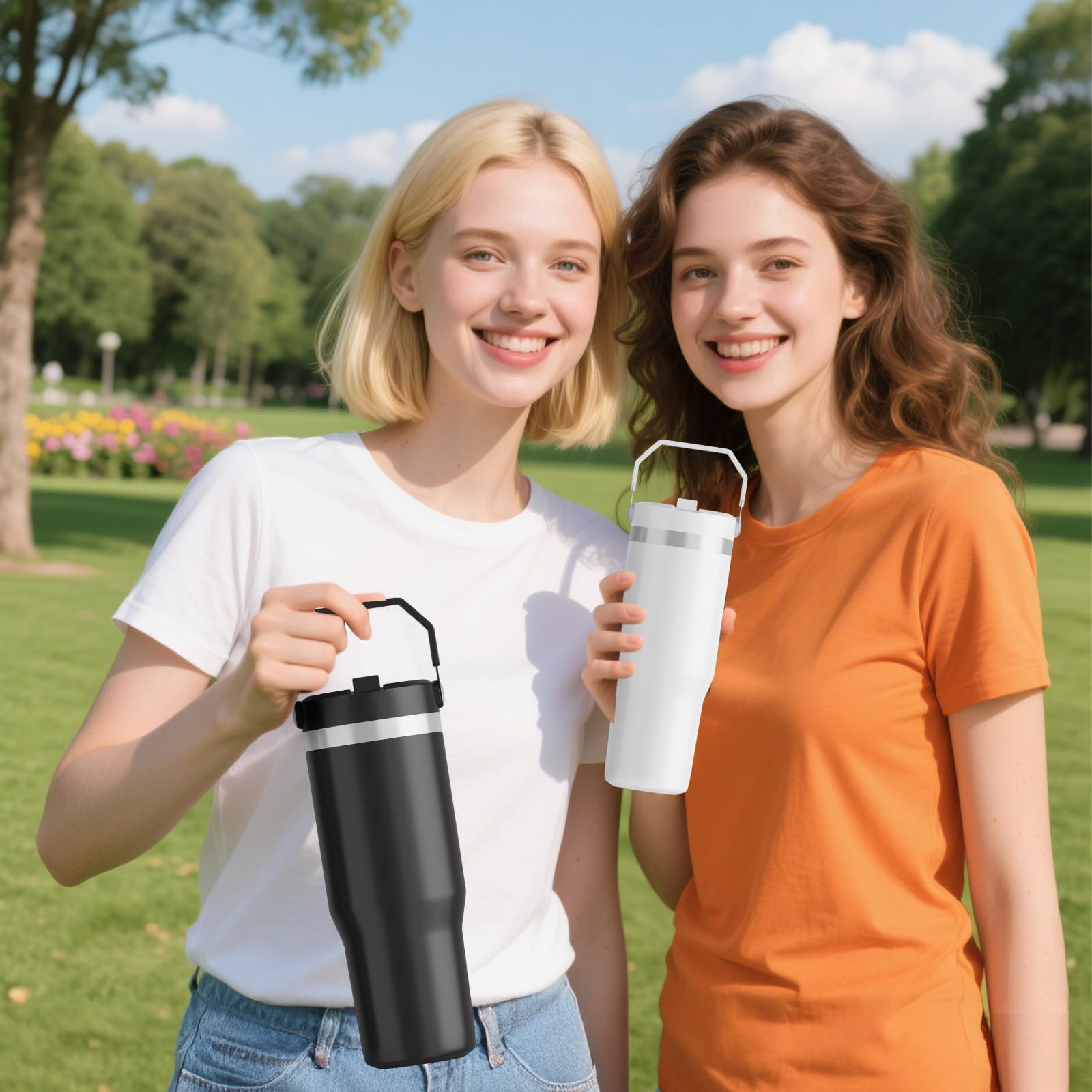 FOLAI Taza térmica personalizada, 30 onzas a prueba de fugas, de acero inoxidable, para deporte, termo con pajita y asa, botella de gimnasio, apta para lavavajillas, taza de café térmica (blanco)